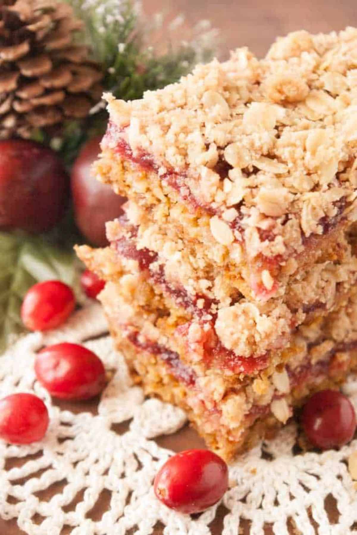 A pile of scrumptious Cranberry Crumble Bars.