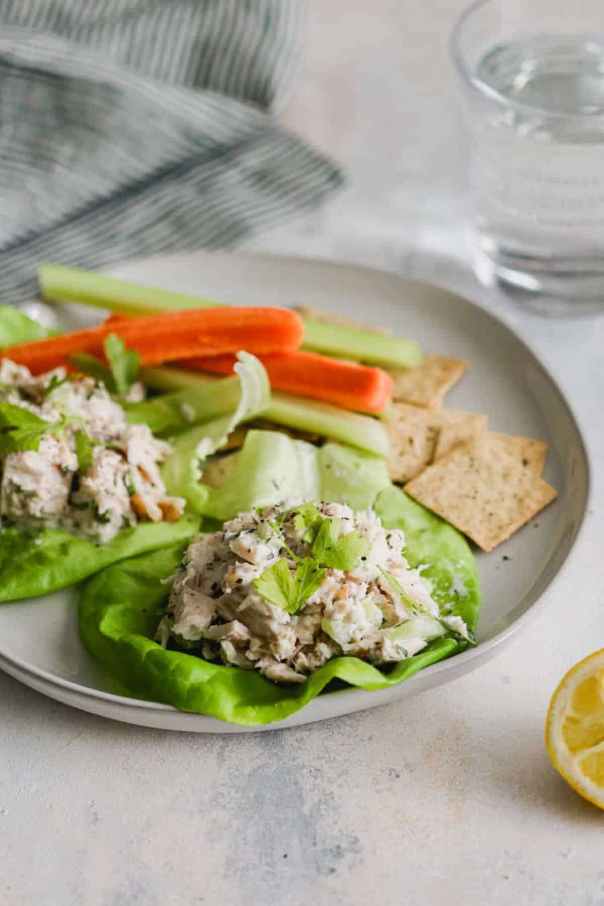 Healthy Tarragon Tuna Salad on a gray tray.