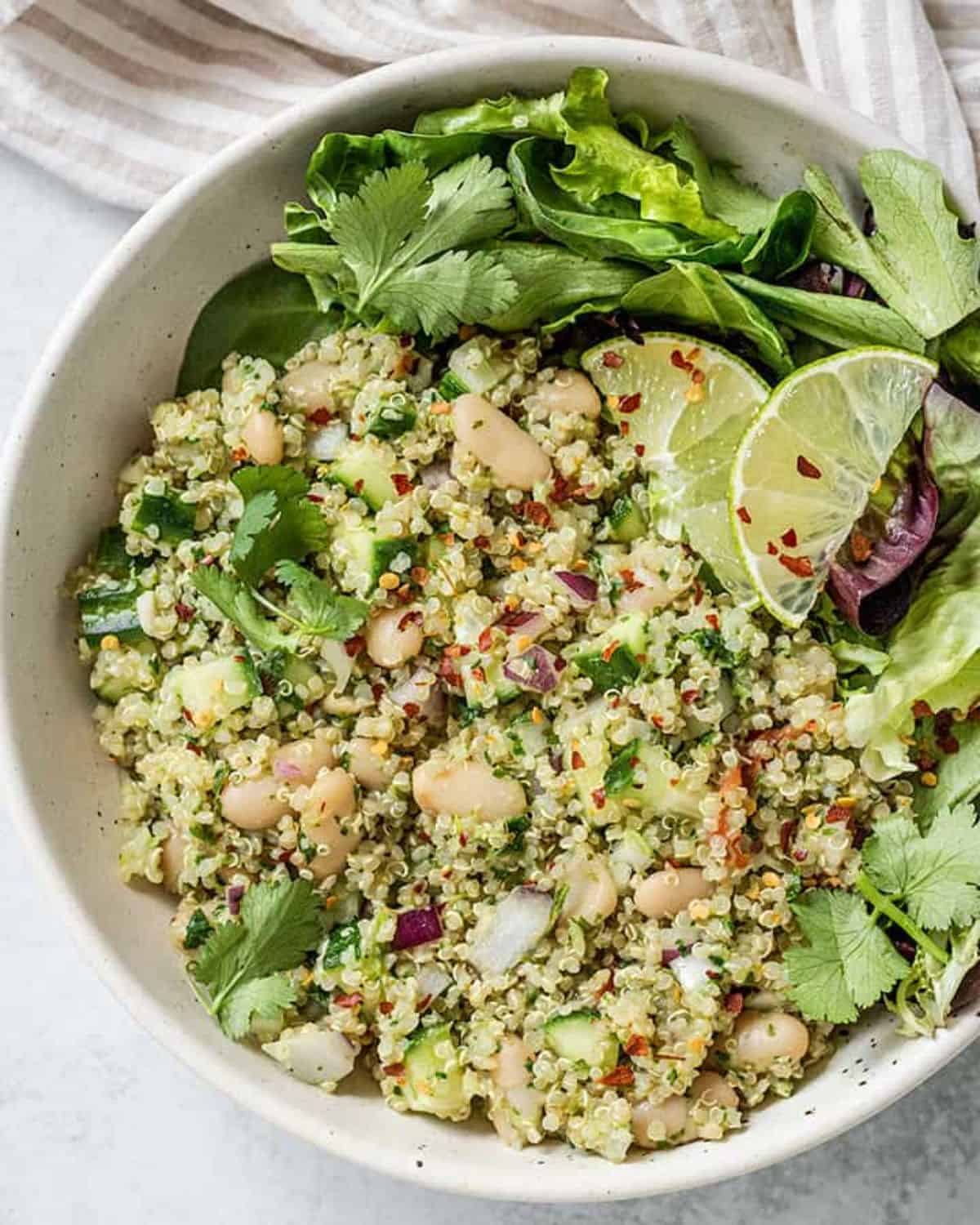 Cilantro Lime Quinoa Salad in a white bowl.