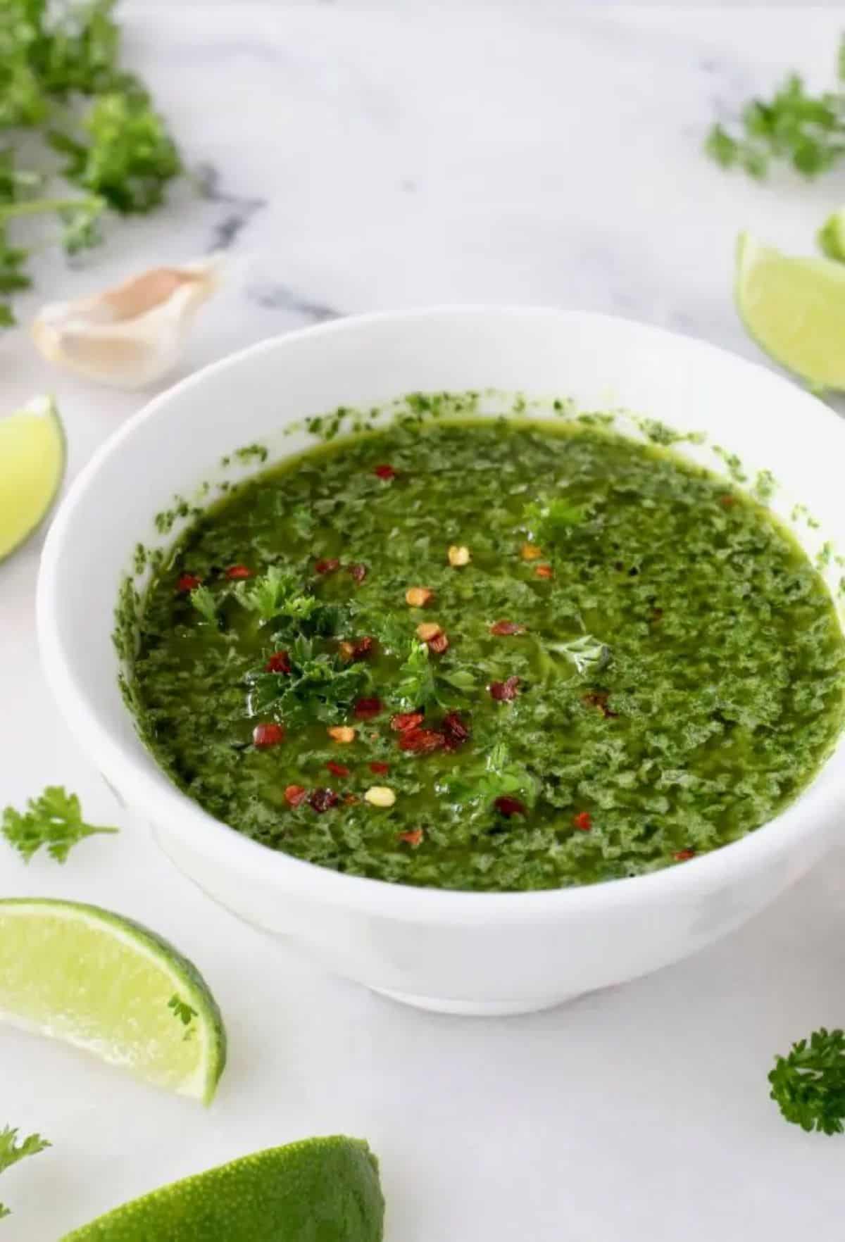 Chimichurri Sauce in a white bowl.