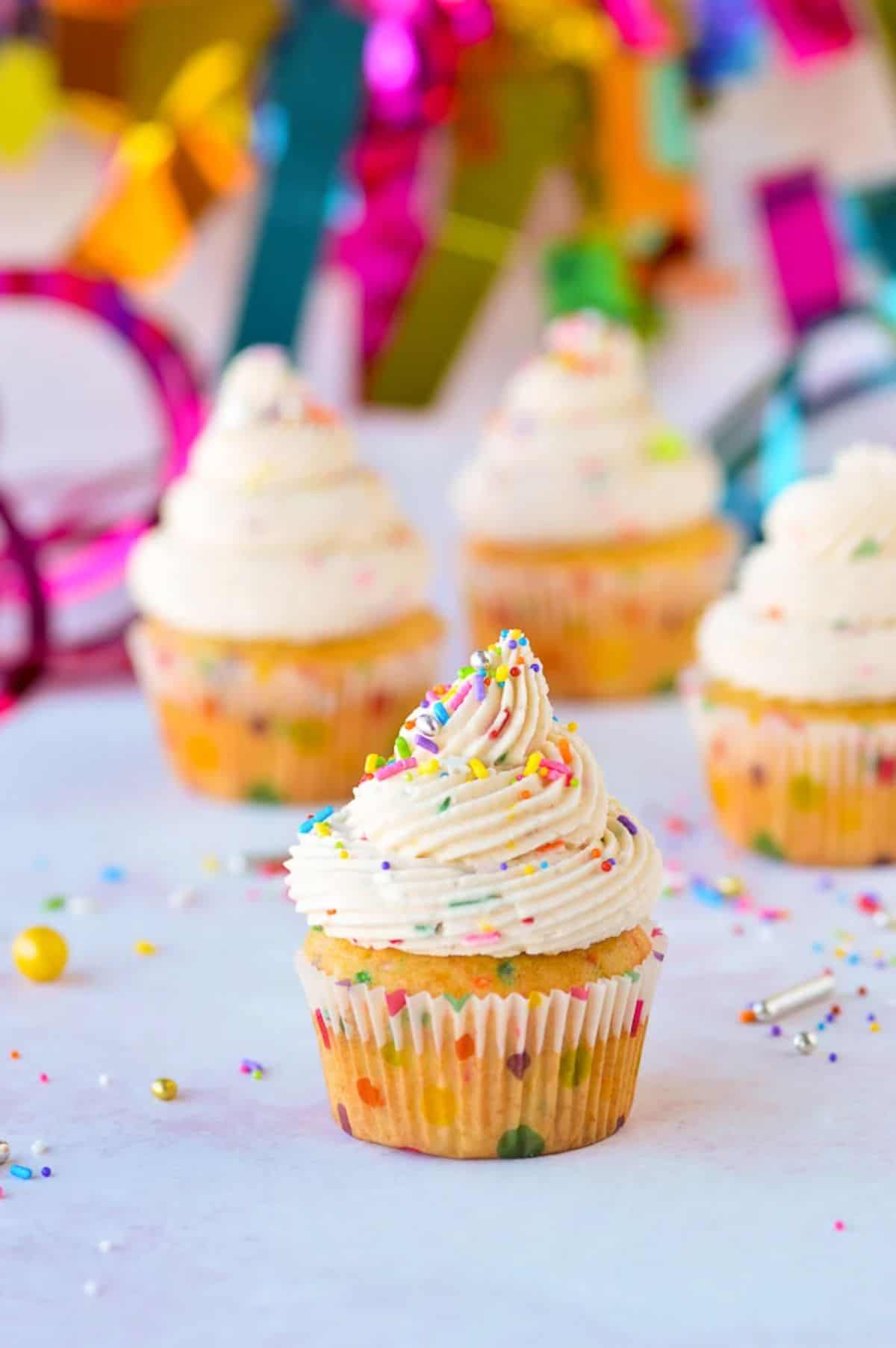 Cake Batter Frosting on cupcakes.