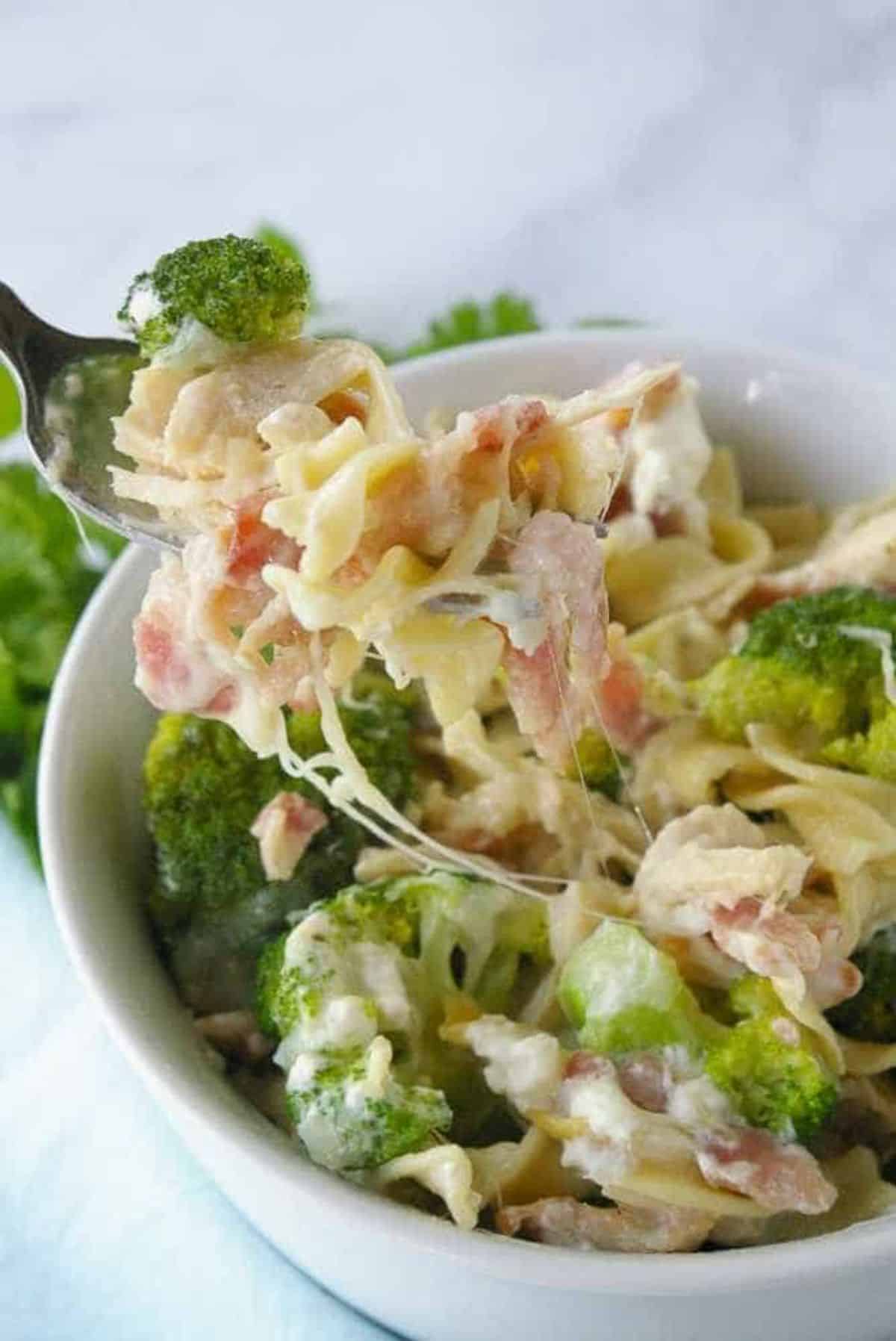 Tasty Instant Pot Broccoli Chicken Pasta in a white bowl and picked on a fork.