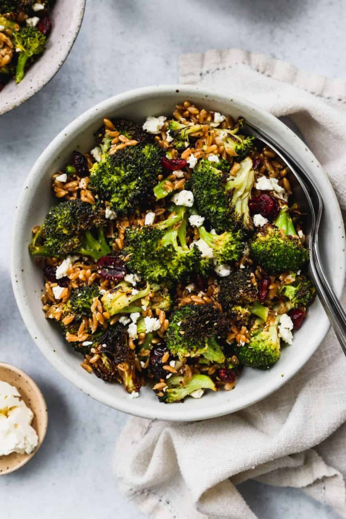Roasted Broccoli Salad in a white bowl.
