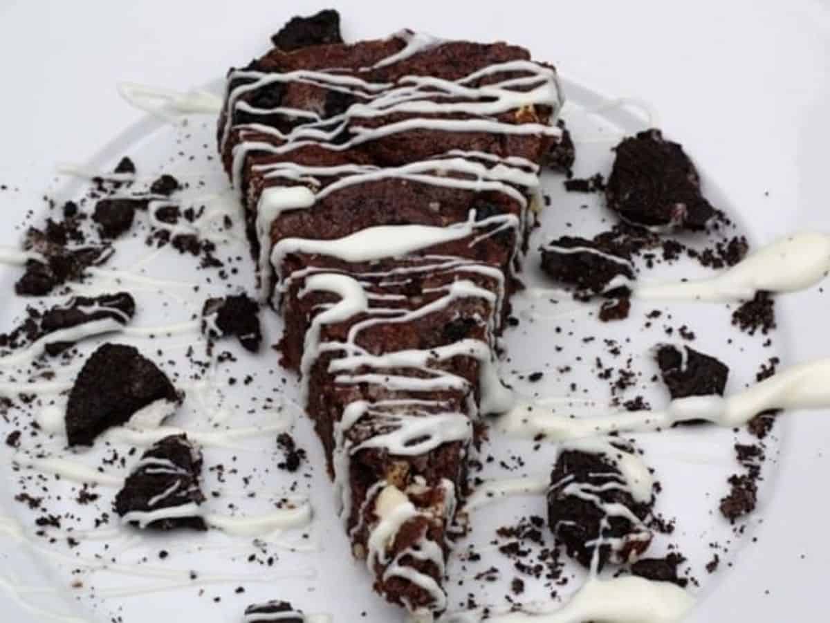 White Chocolate Brownies on a white tray.
