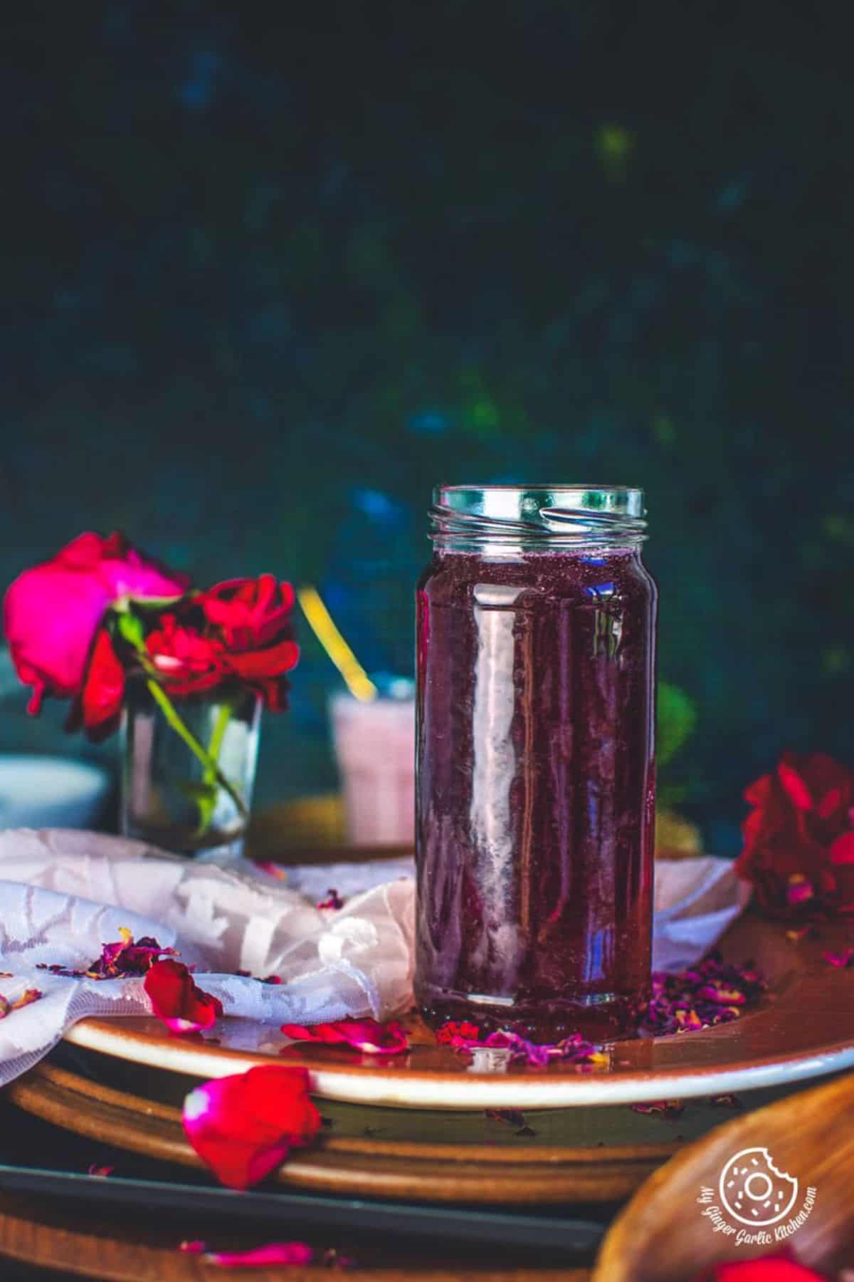 Delicious Rose Syrup in a glass jar.