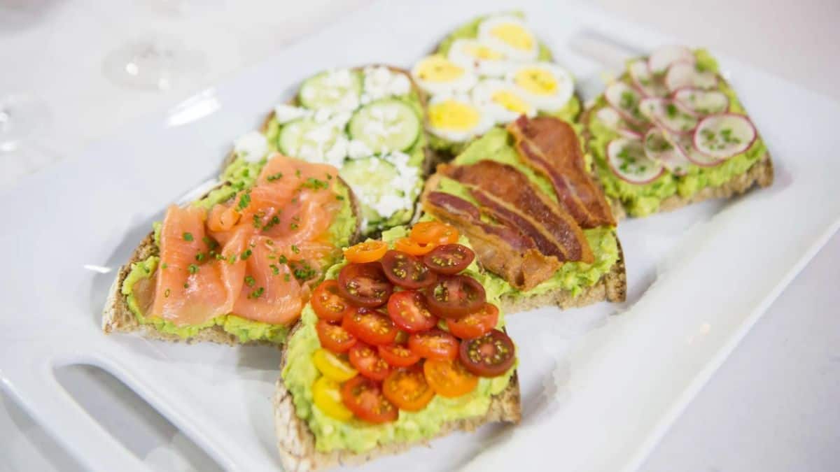 Avocado Toast Bars on a white tray.