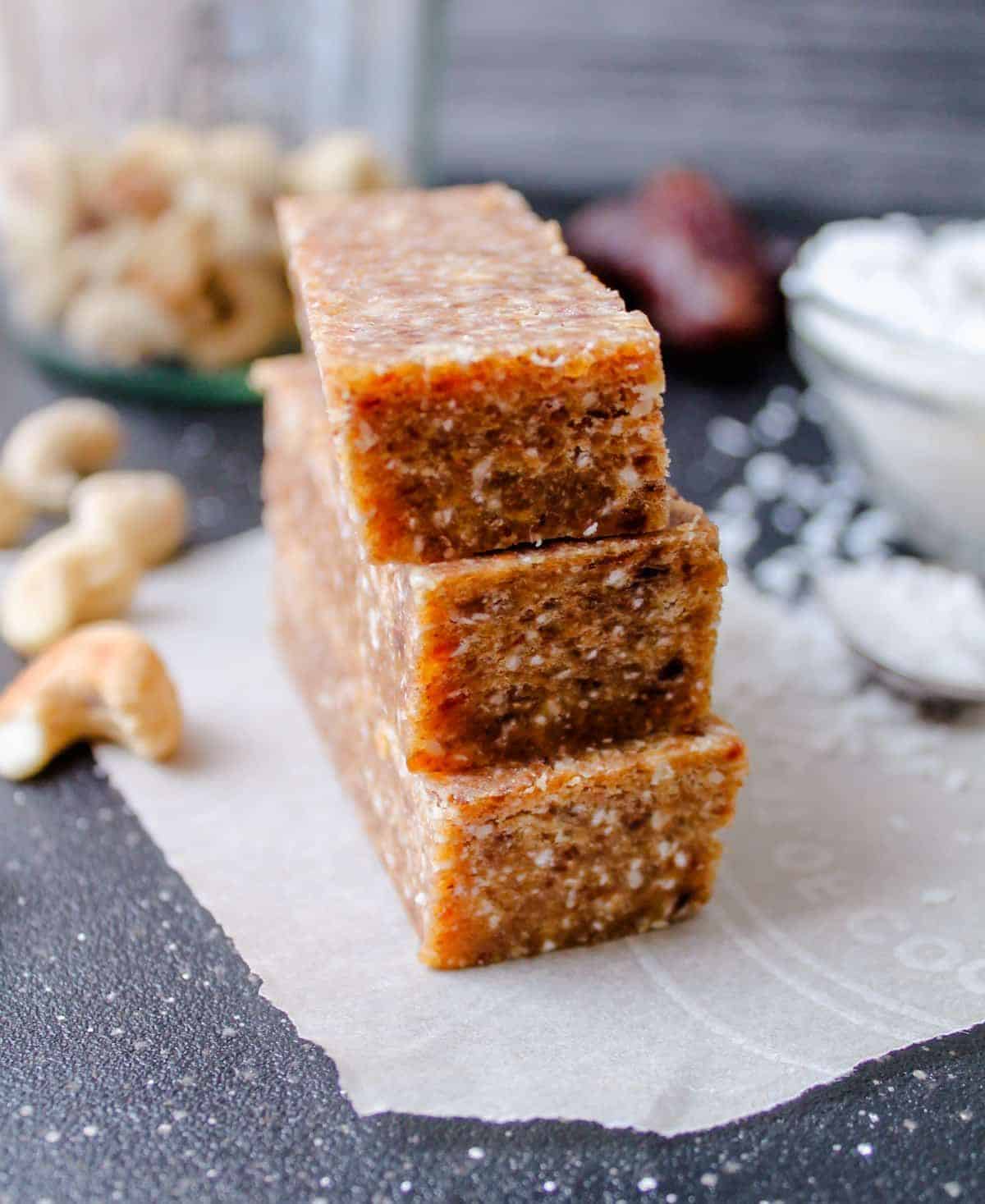 A stack of Toasted Cashew Coconut Bars.