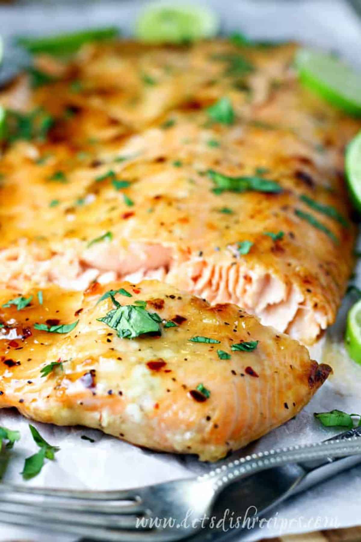 S close-up of Sweet Cilantro Lime Salmon.