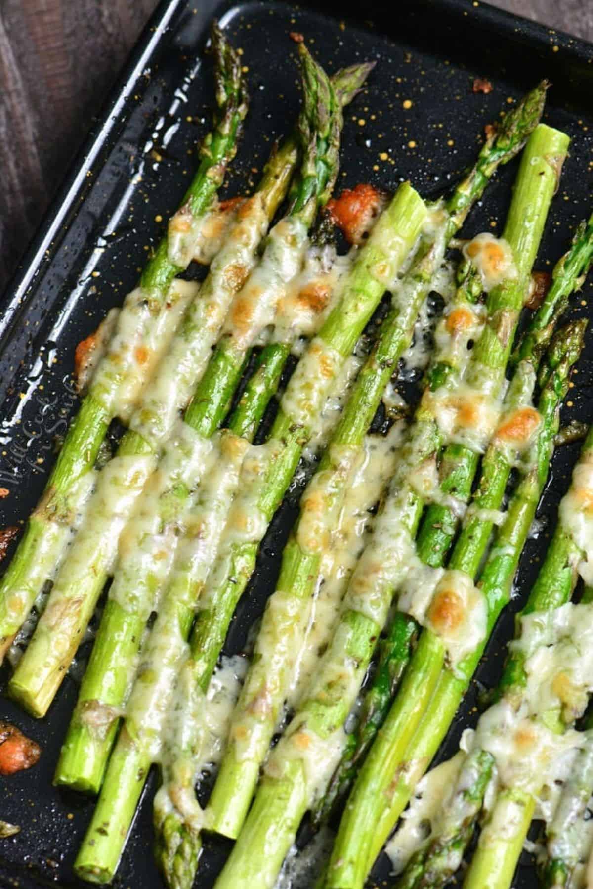 Crunchy Roasted Asparagus on a baking tray.