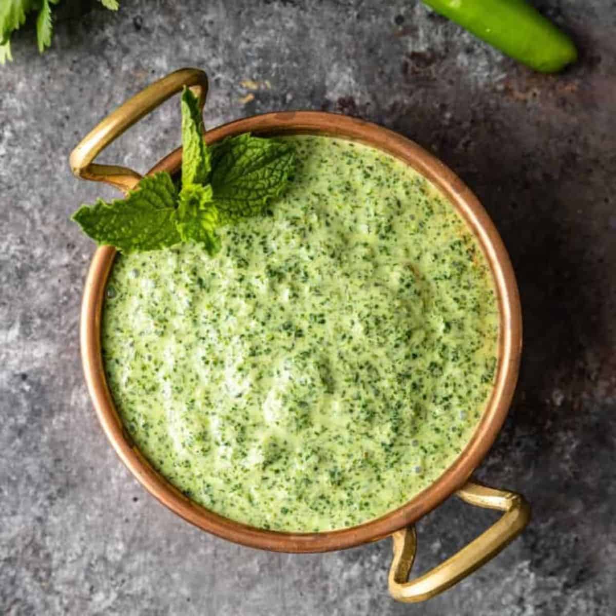 Pudina Chutney (Indian Mint Chutney) in a fancy bowl.