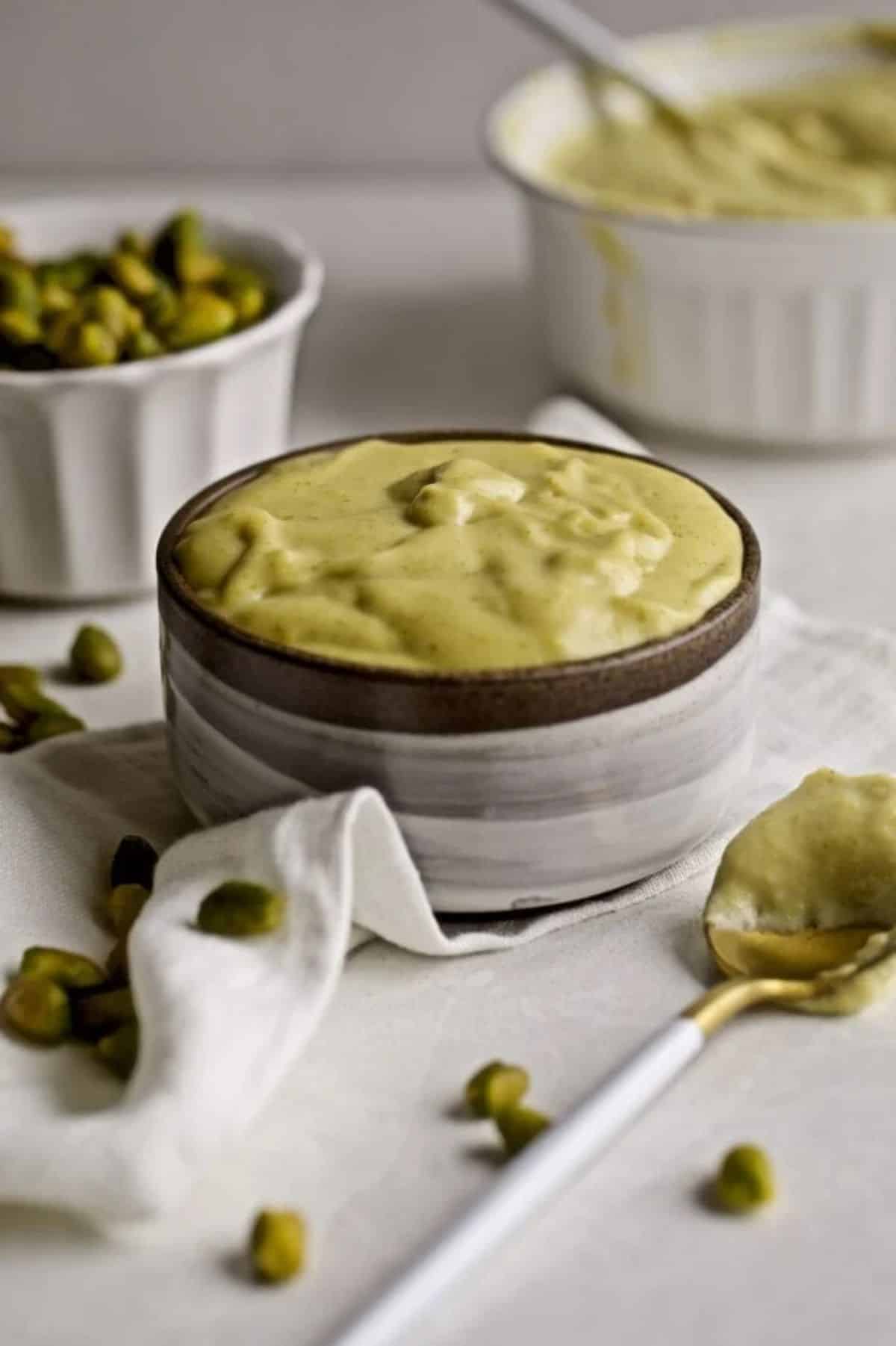 Italian Pistachio Cream in a brown bowl.