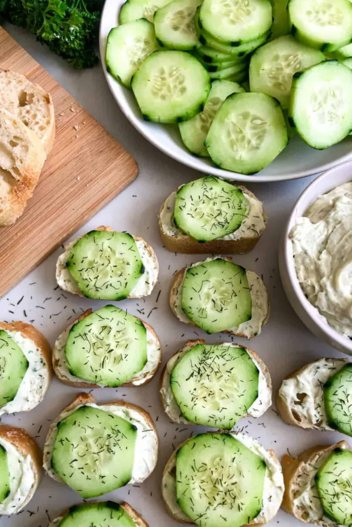 Dill and Cucumber Baguettes on a table.