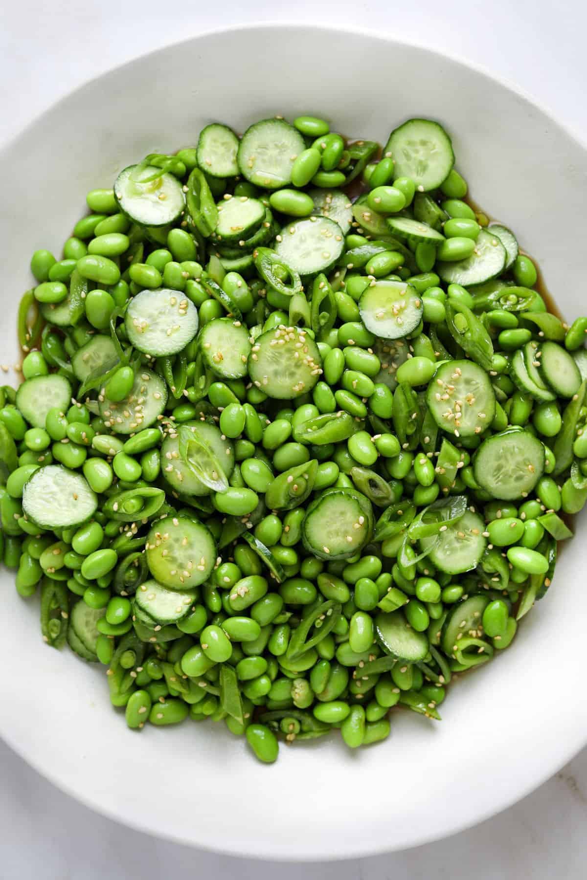 Healthy Edamame Salad on a white plate.