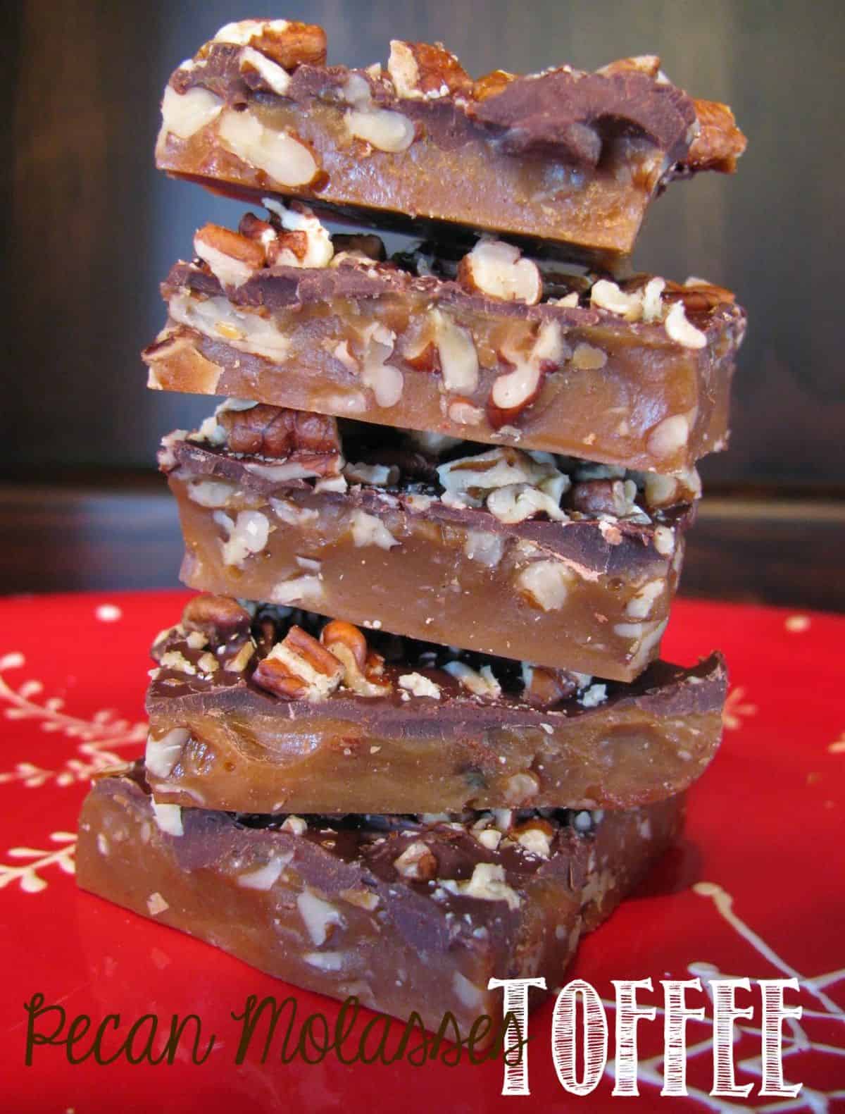 A stack of Pecan Molasses Toffee on a red plate.