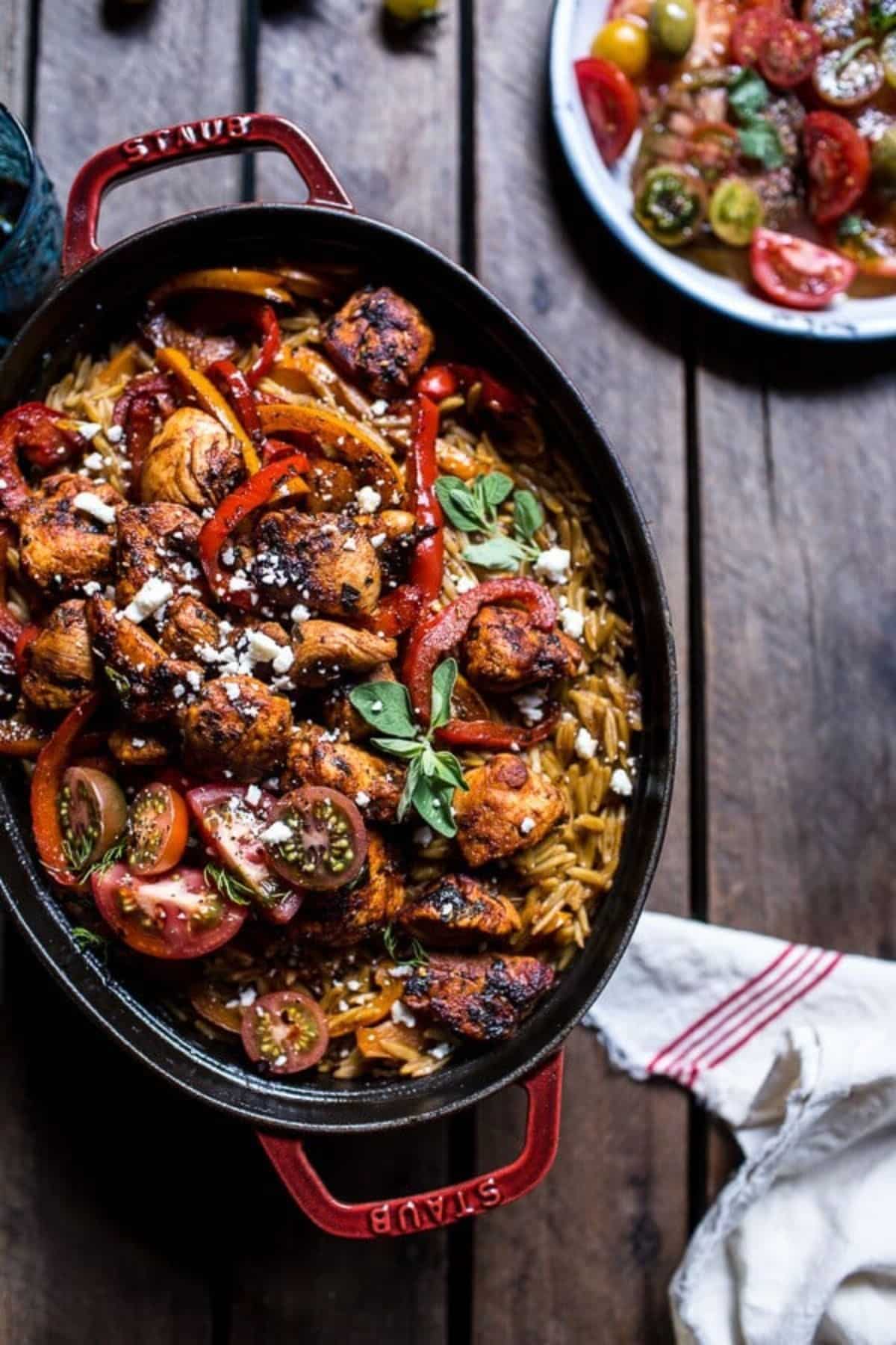 Green Chicken and Orzo in a casserole.