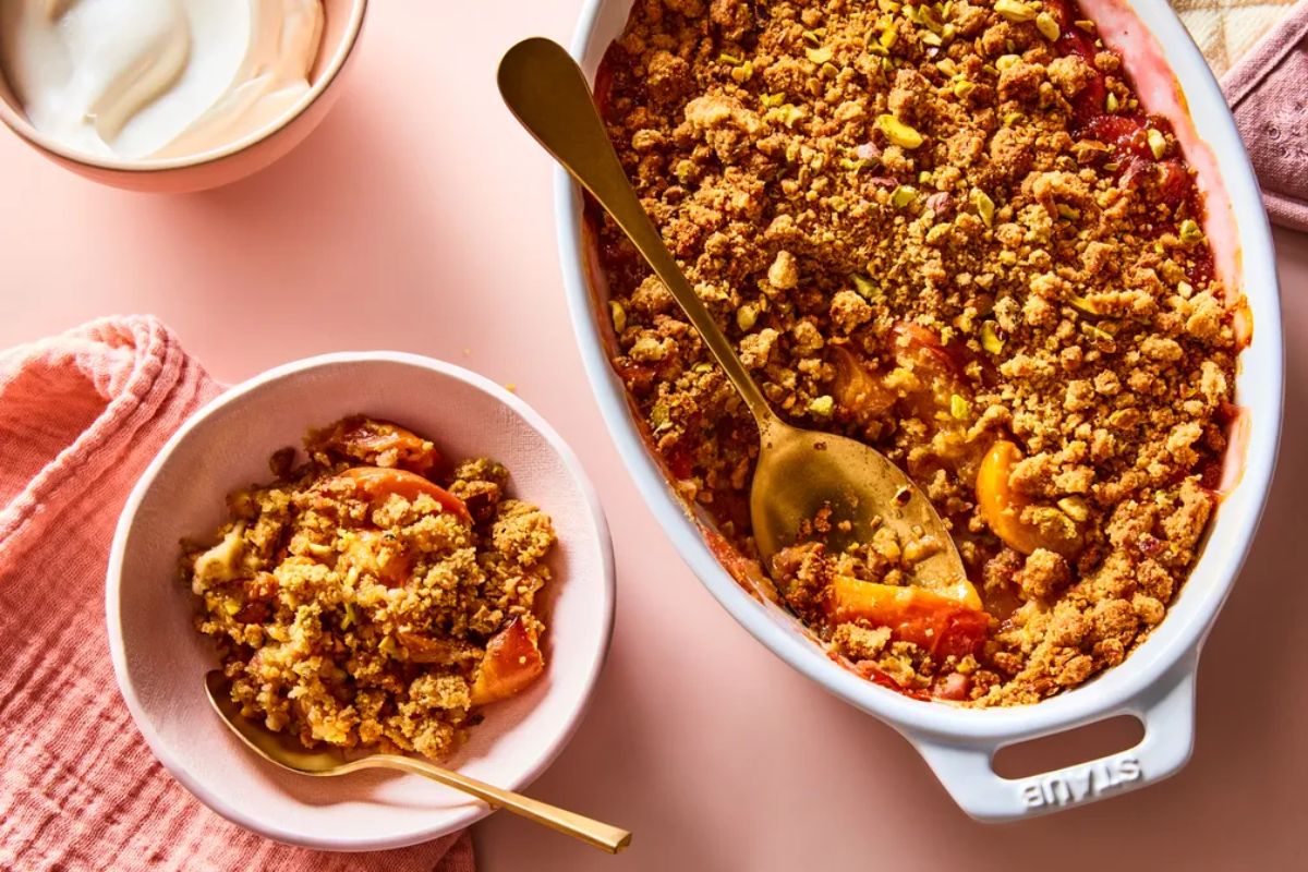 Nectarine and Pistachio Crumble in a bowl and casserole.