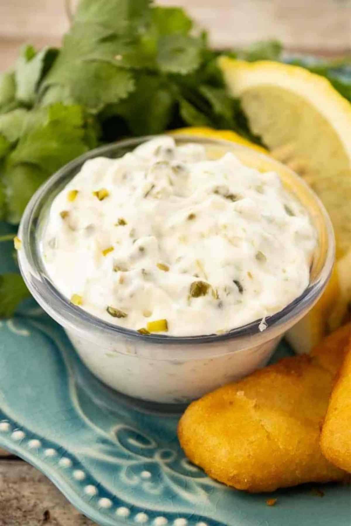 Creamy Dill Pickle Tartar Sauce in a small glass bowl.
