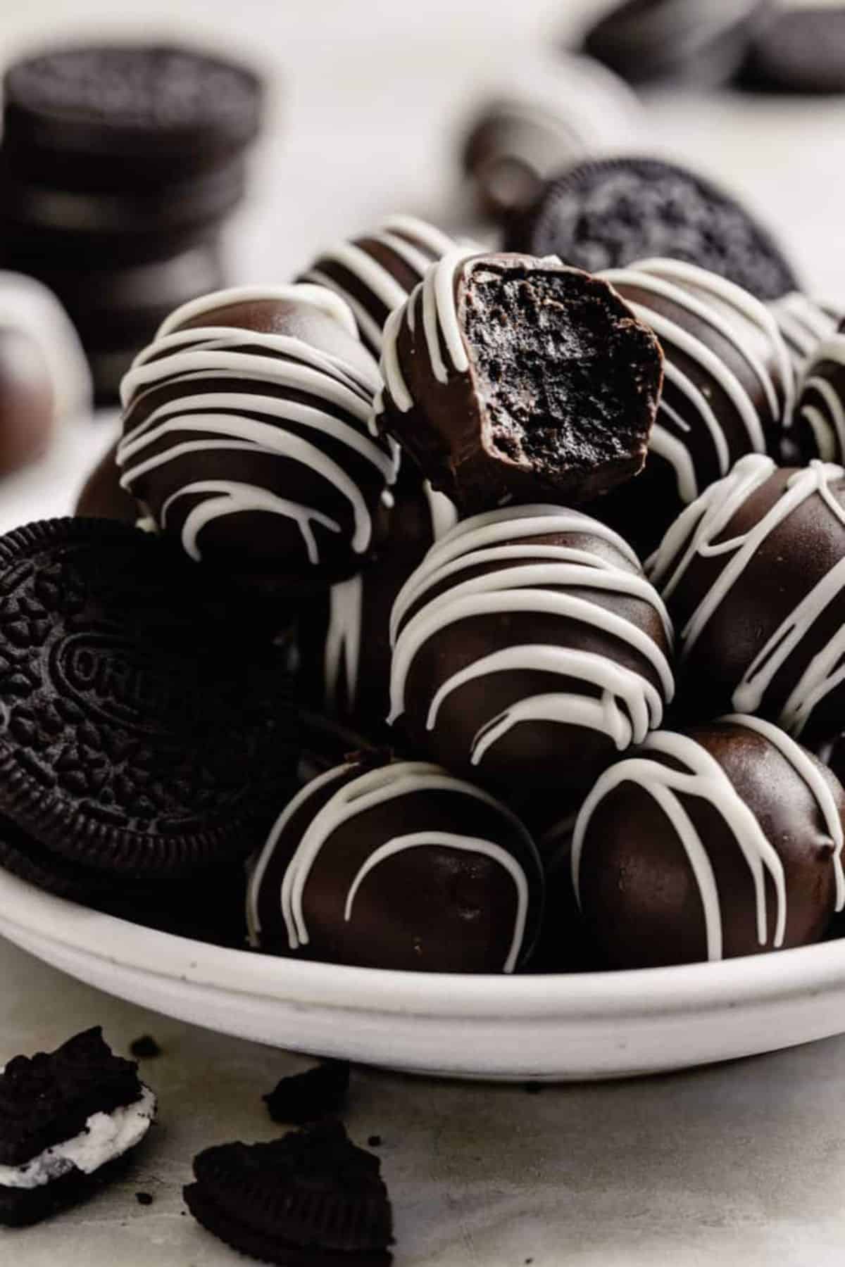 Delicious Oreo Truffles in a white bowl.