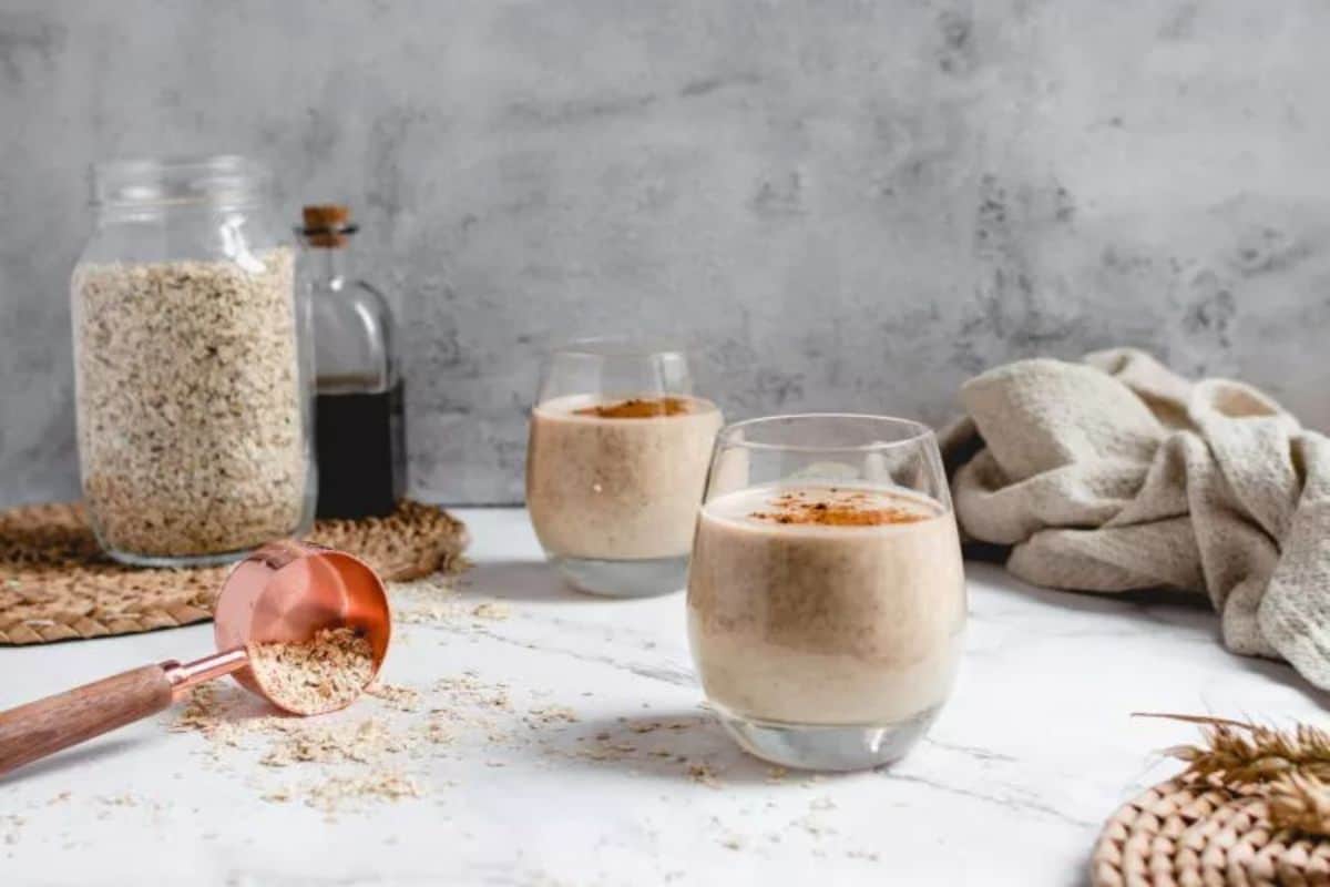 Banana Oatmeal Smoothie in glass cups.