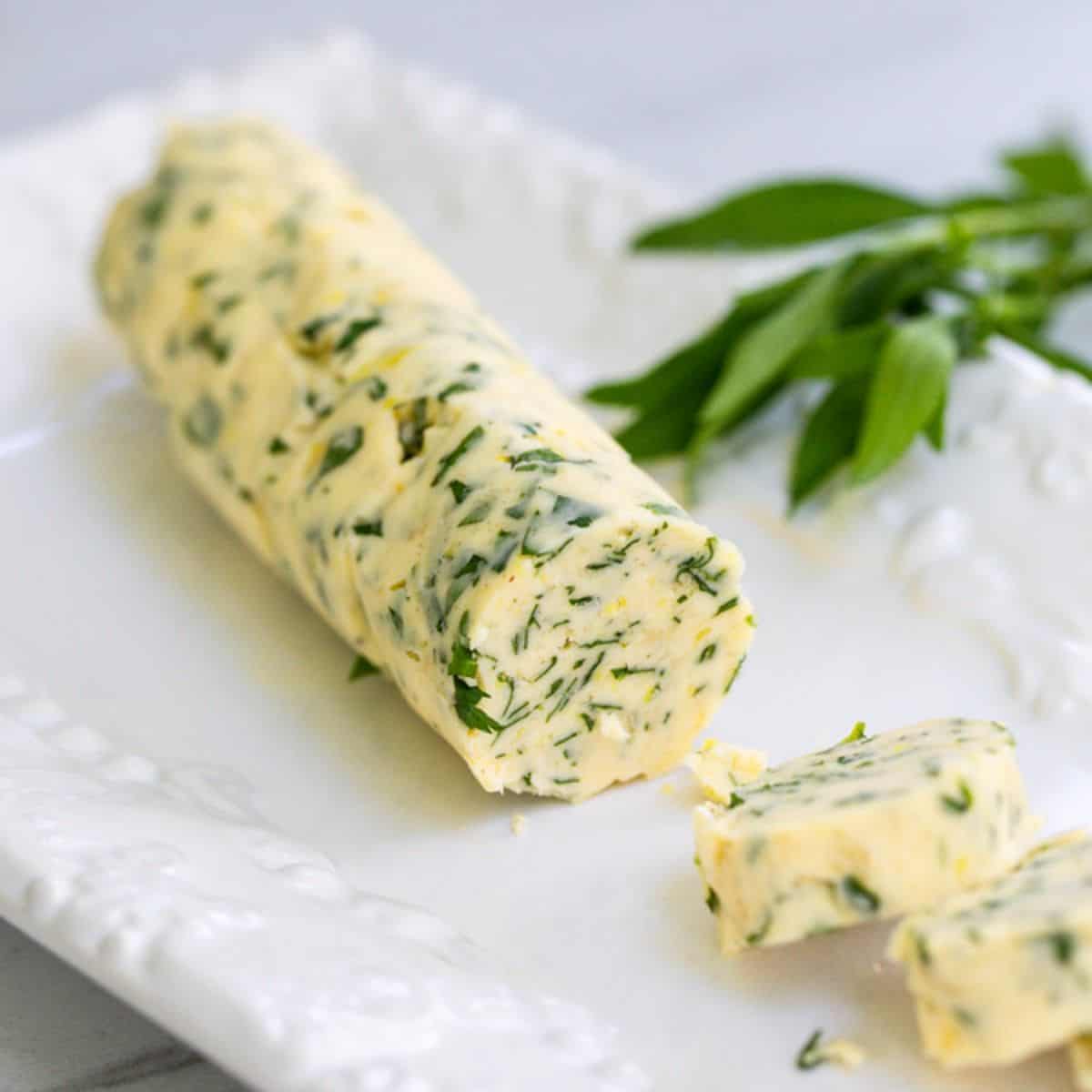 Delicious Tarragon Butter on a white tray.