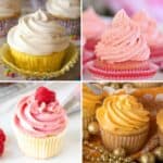 Four images of cupcakes with different frosting,