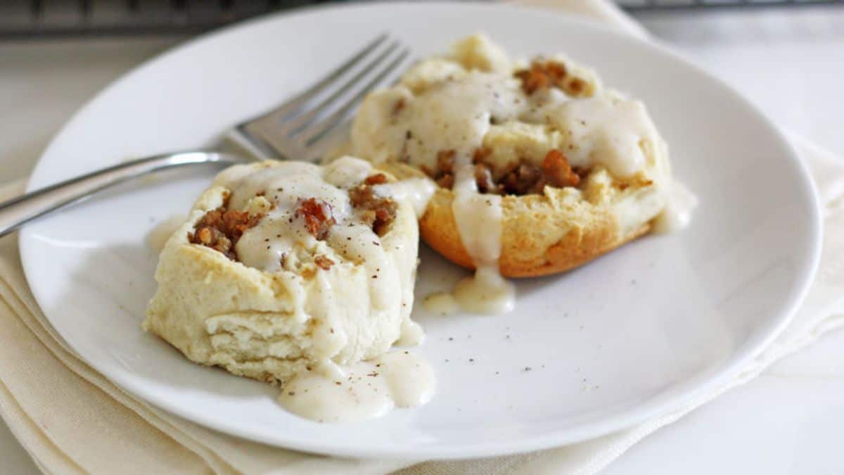 Biscuit and Gravy Bar on a white plate with a fork.