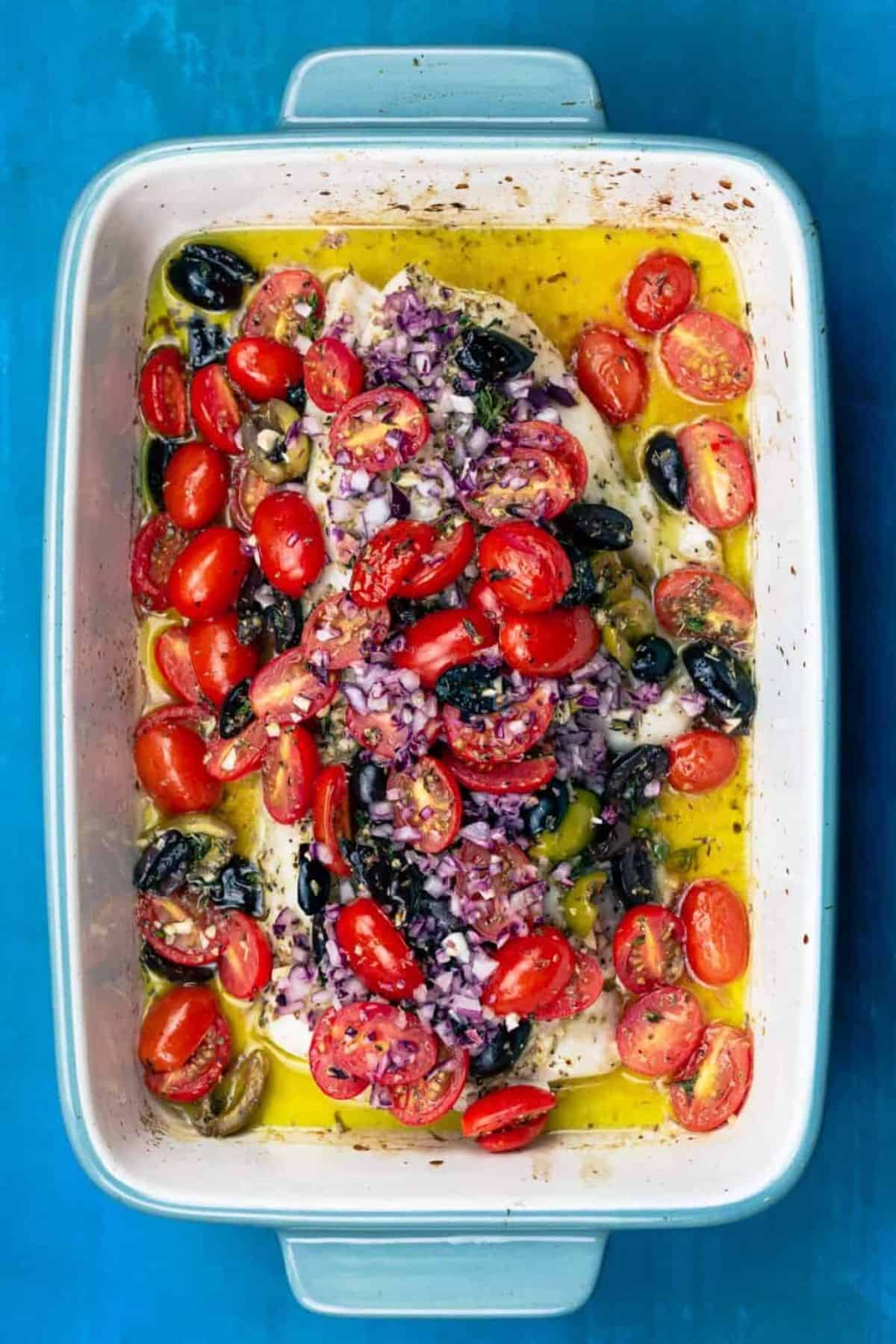 Mediterranean Baked Fish in a casserole.