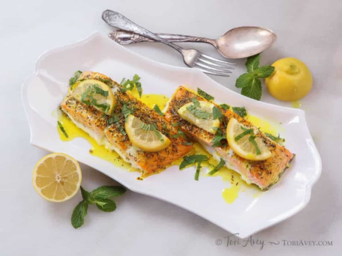 Turmeric-Crusted Salmon on a white tray.