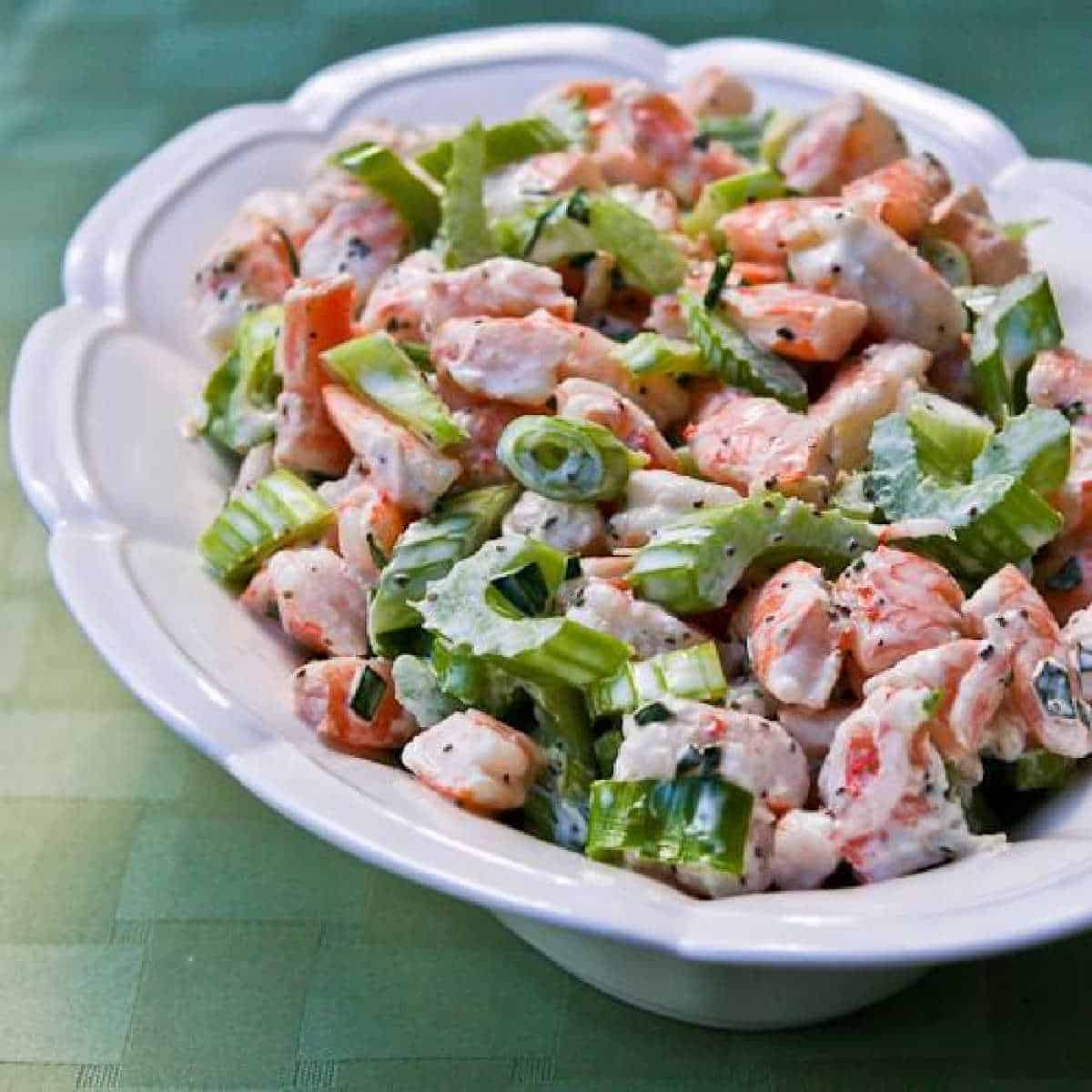 Healthy Tarragon Shrimp Salad in a white bowl.