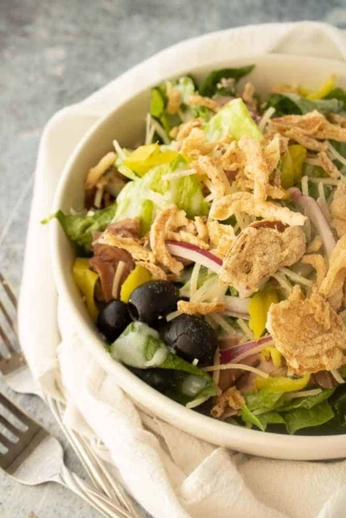 Delicious Roast Beef Salad in a white bowl.