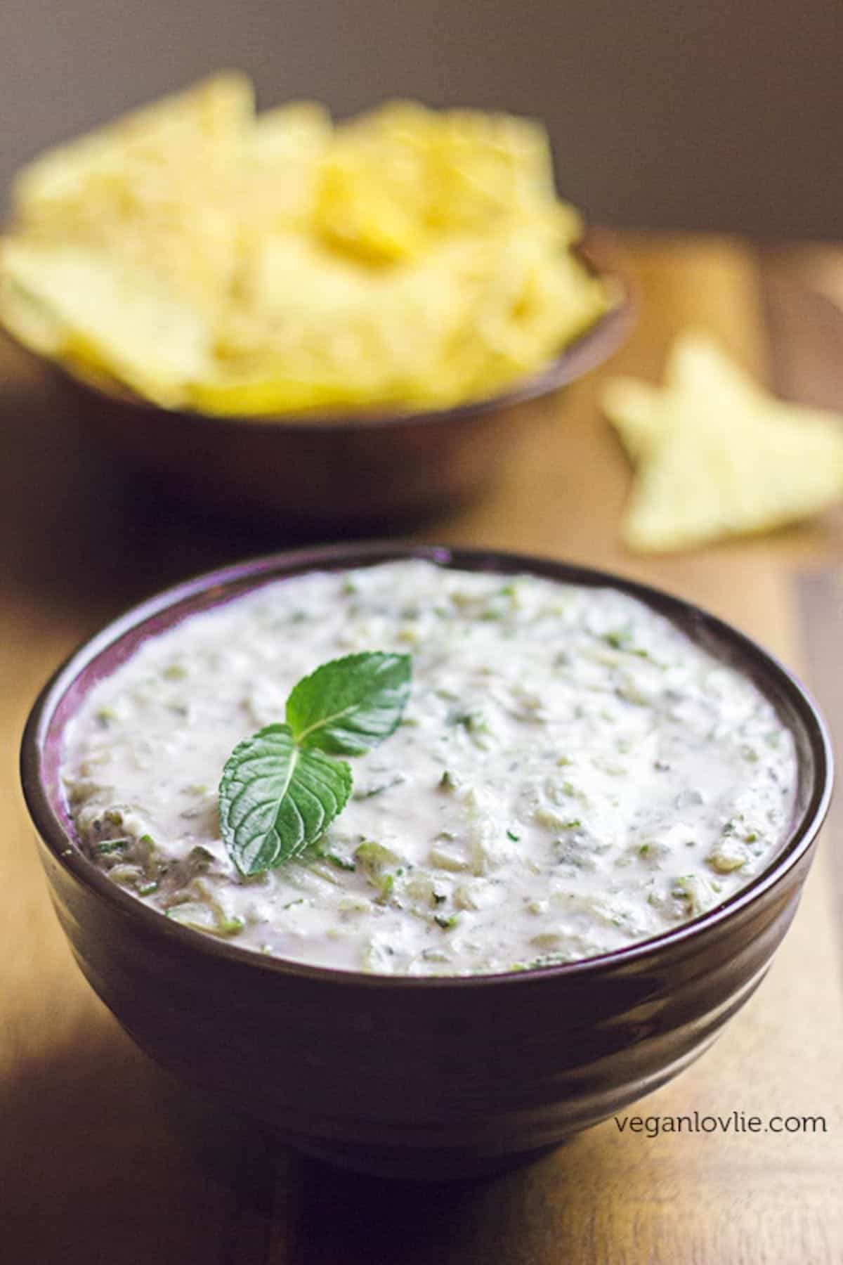 Cucumber Raita Mint Dip in a brown bowl.