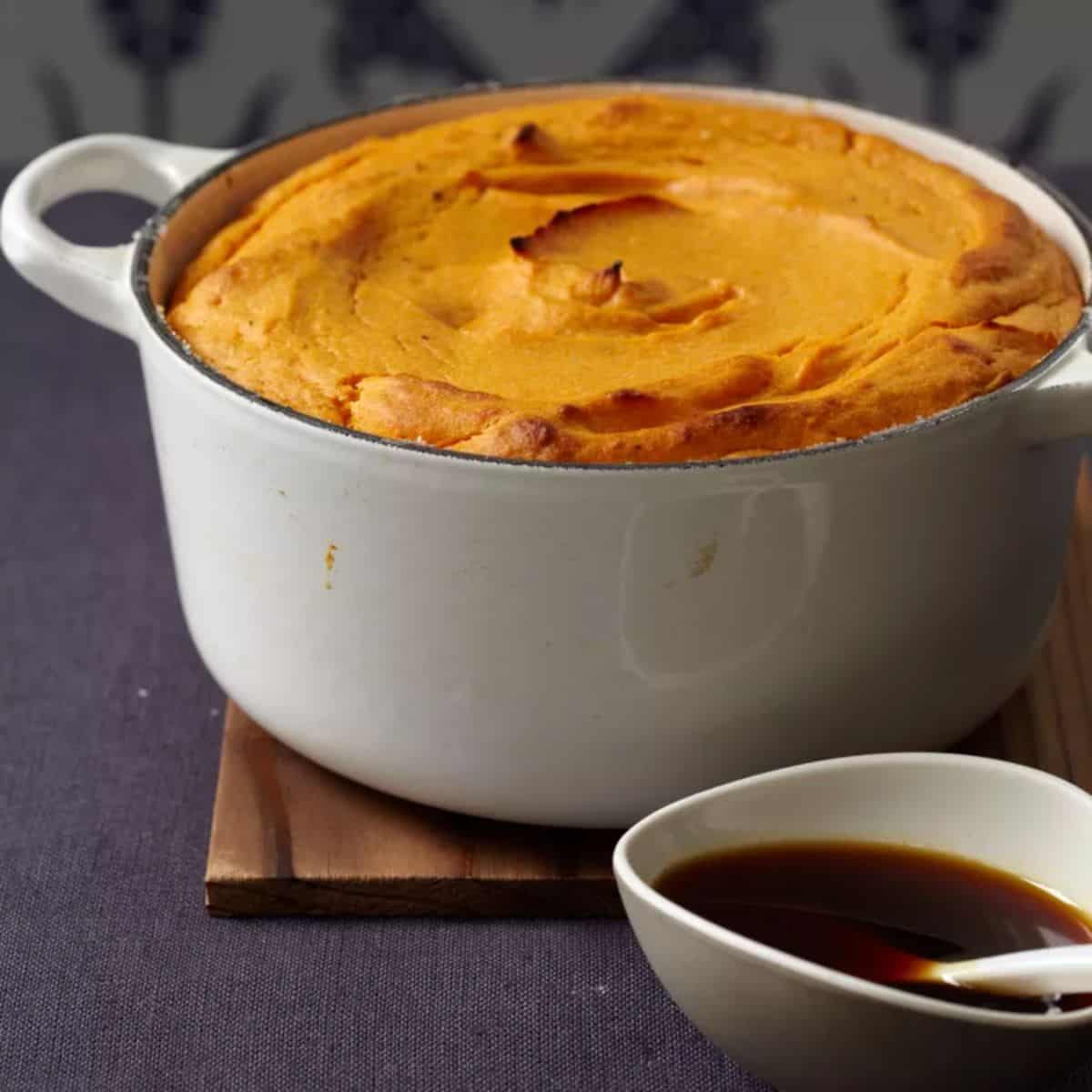 Sweet Potato Souffle in a white pot.