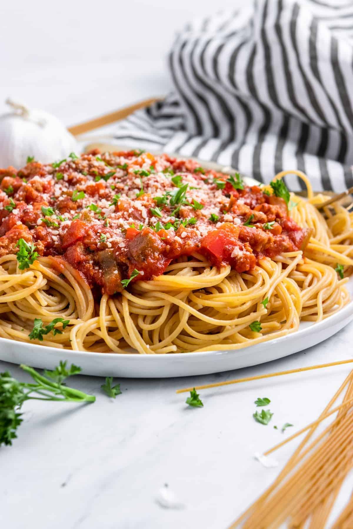 Turkey Spaghetti Sauce on a white plate.