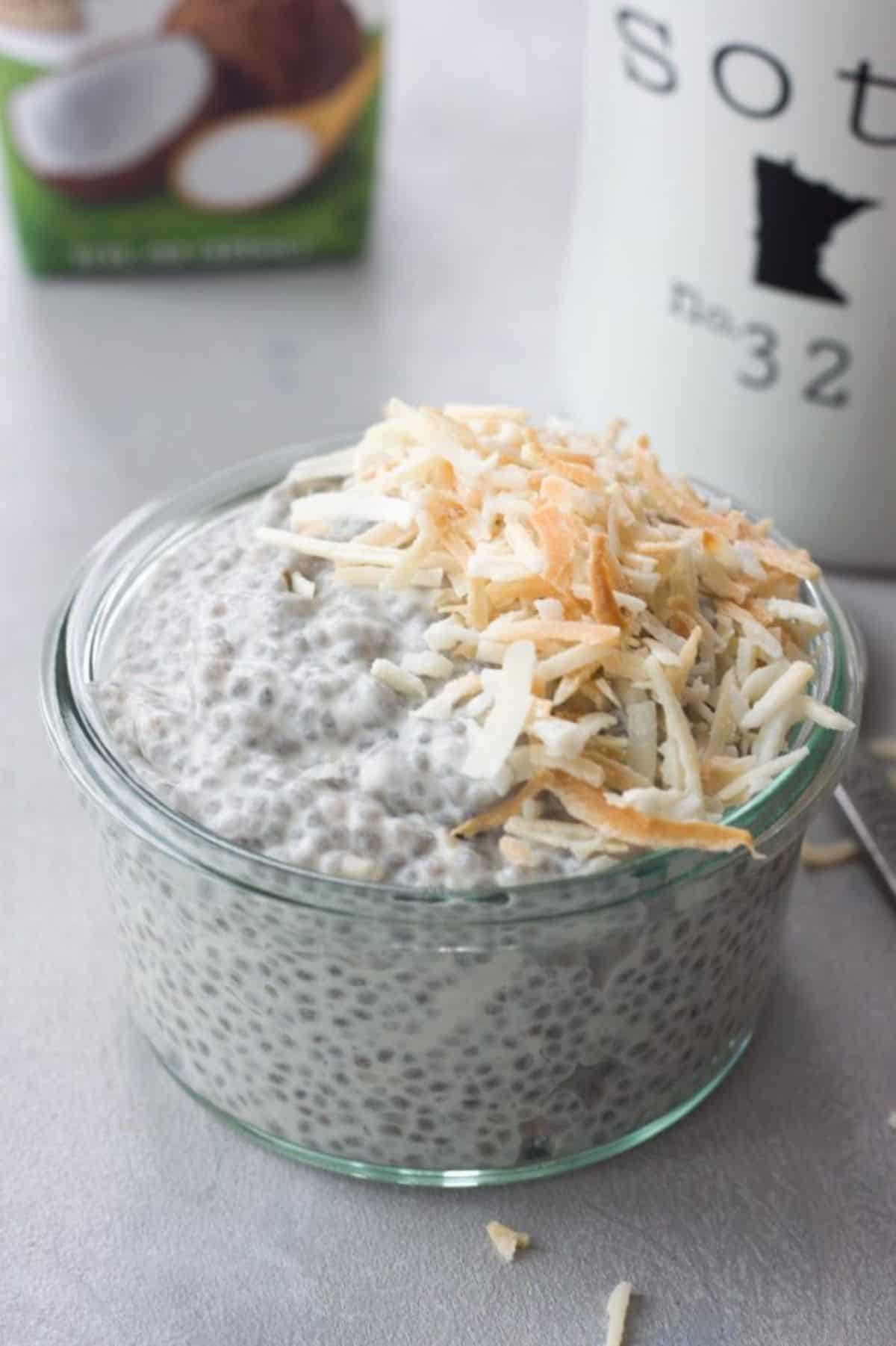 Coconut Cream Pie Chia Pudding in a glass bowl.