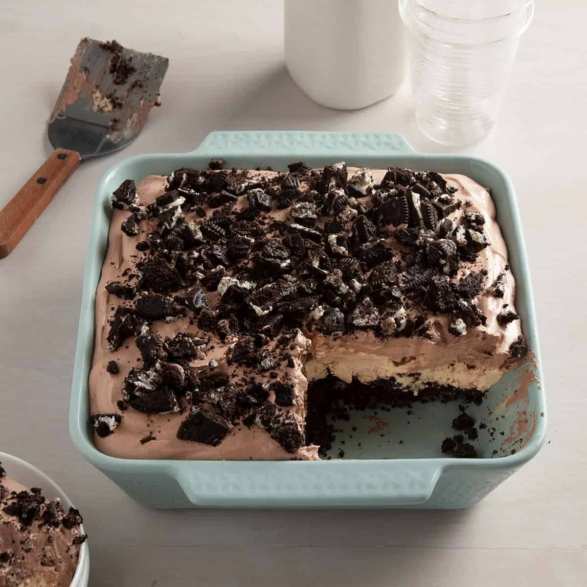 Peanut Butter Chocolate in a blue casserole.