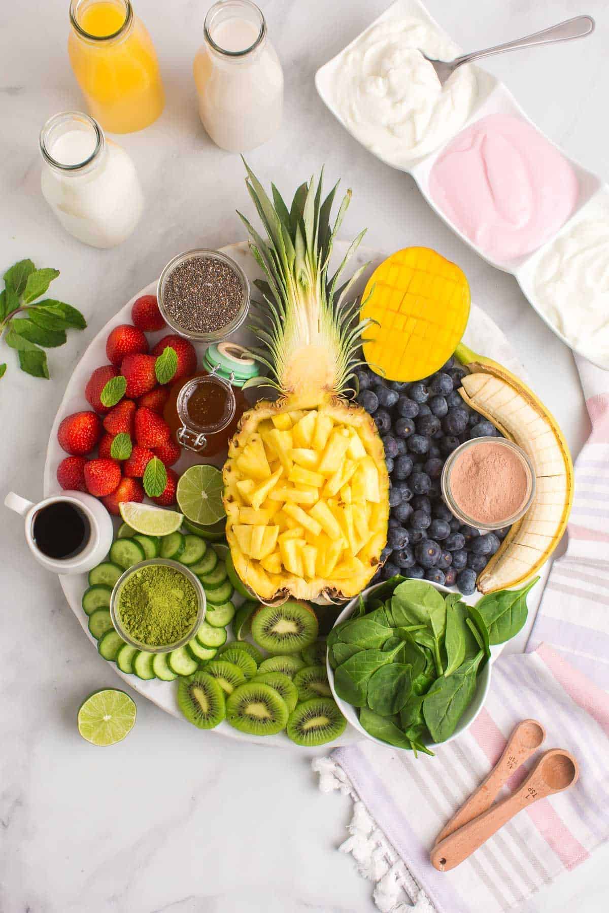 Fresh Fruit Smoothie Bar on a white tray.