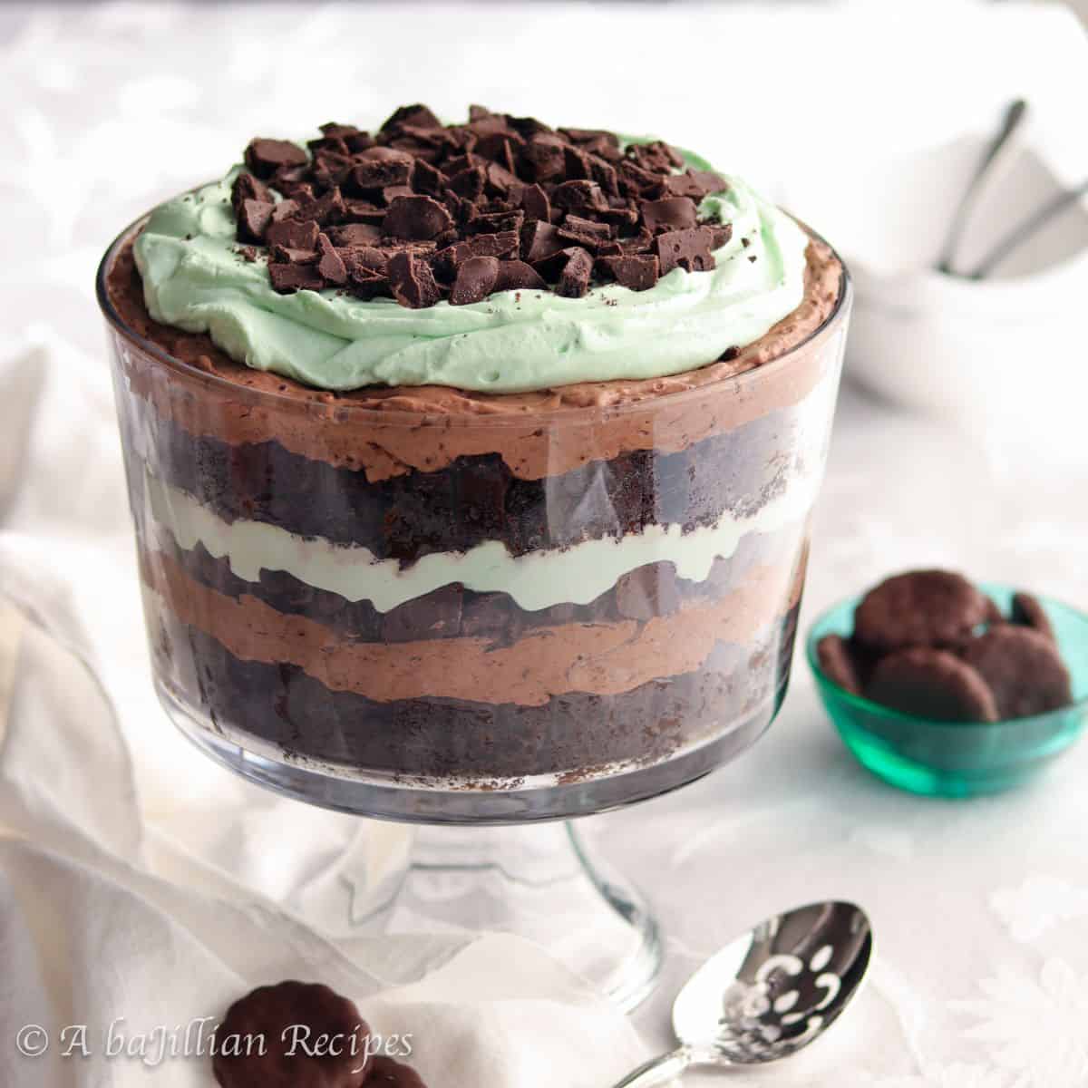 Thin Mint Trifle in a tall glass.