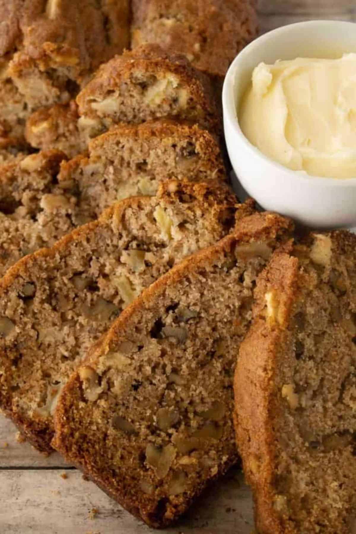 A bunch of delicious Walnut Apple Bread slices.