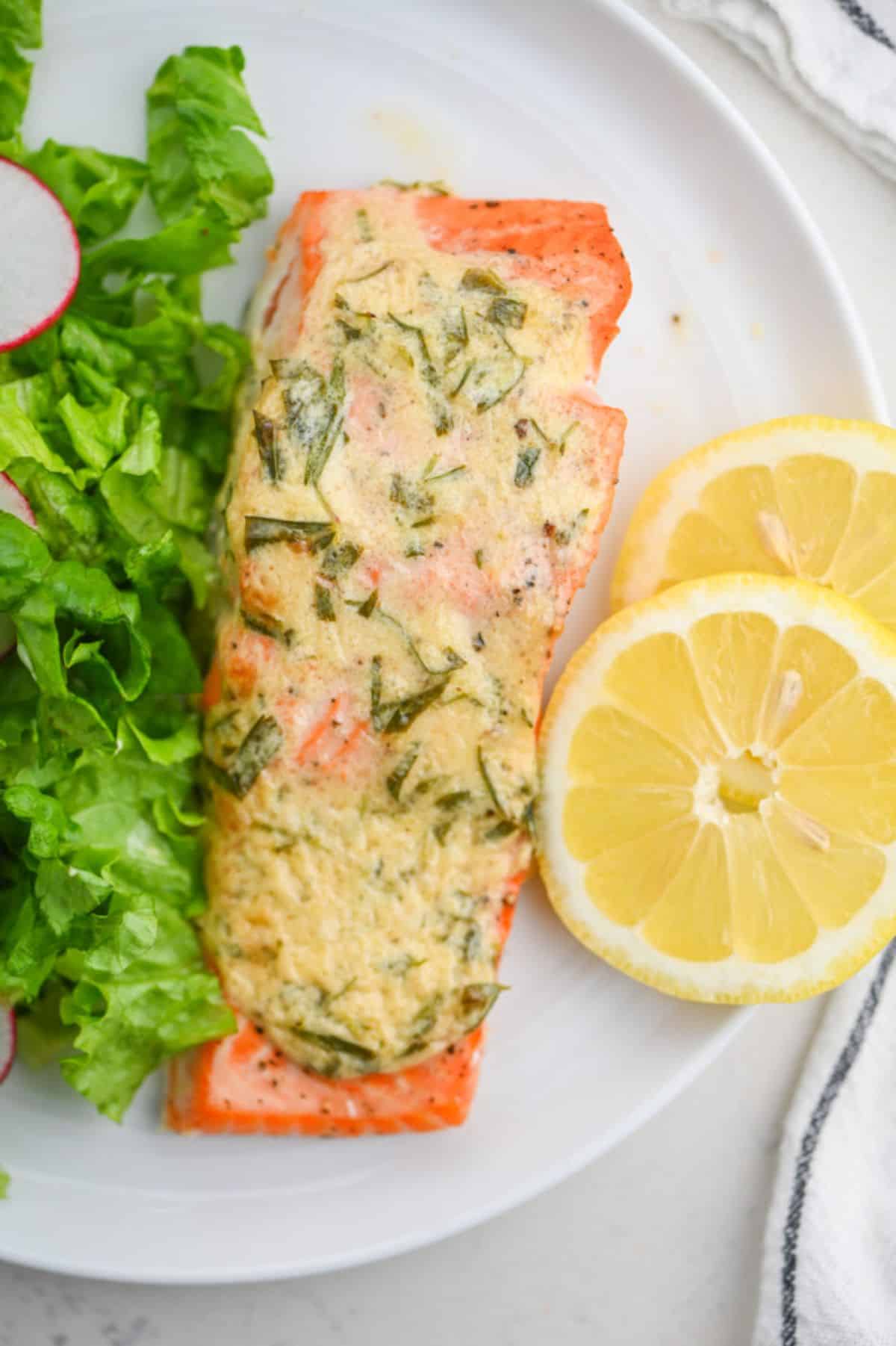 Juicy Salmon With Dijon Tarragon Sauce on a white plate.