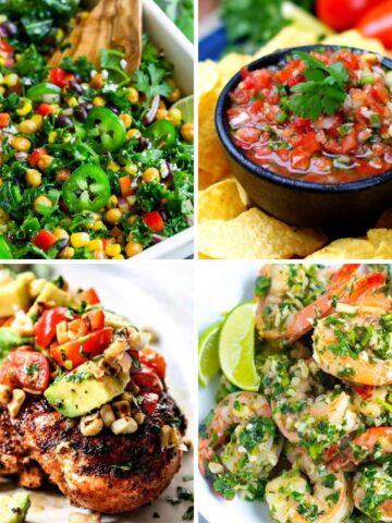 Four images of cilantro dishes.