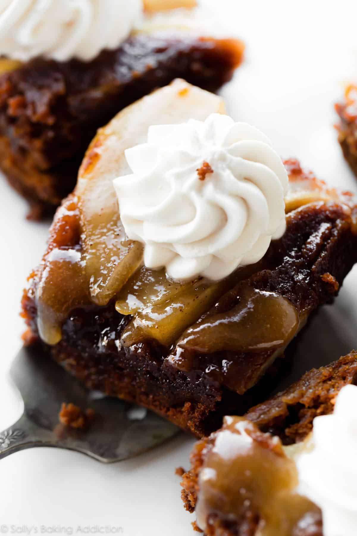 A piece of Pear Gingerbread Cake on a spatula.