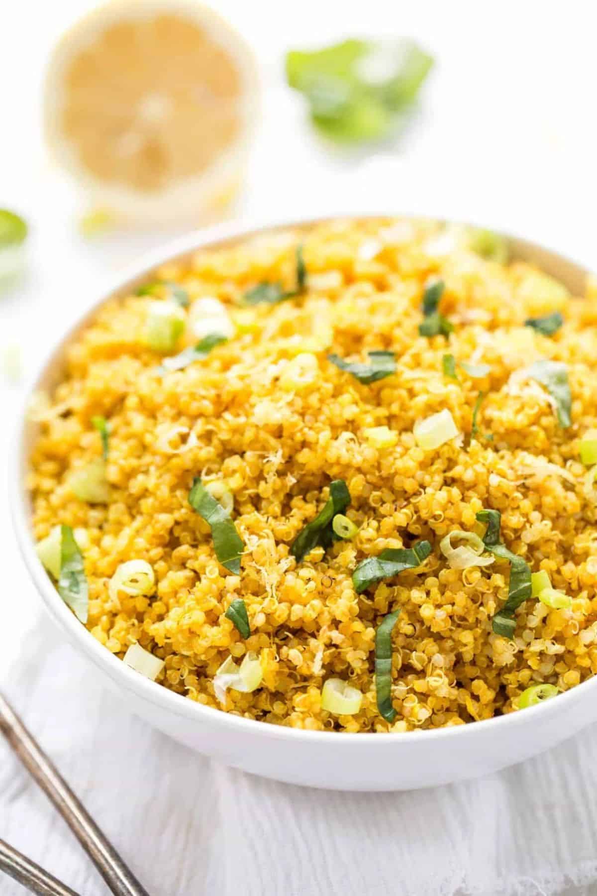 Turmeric Lemon Quinoa in a white bowl.