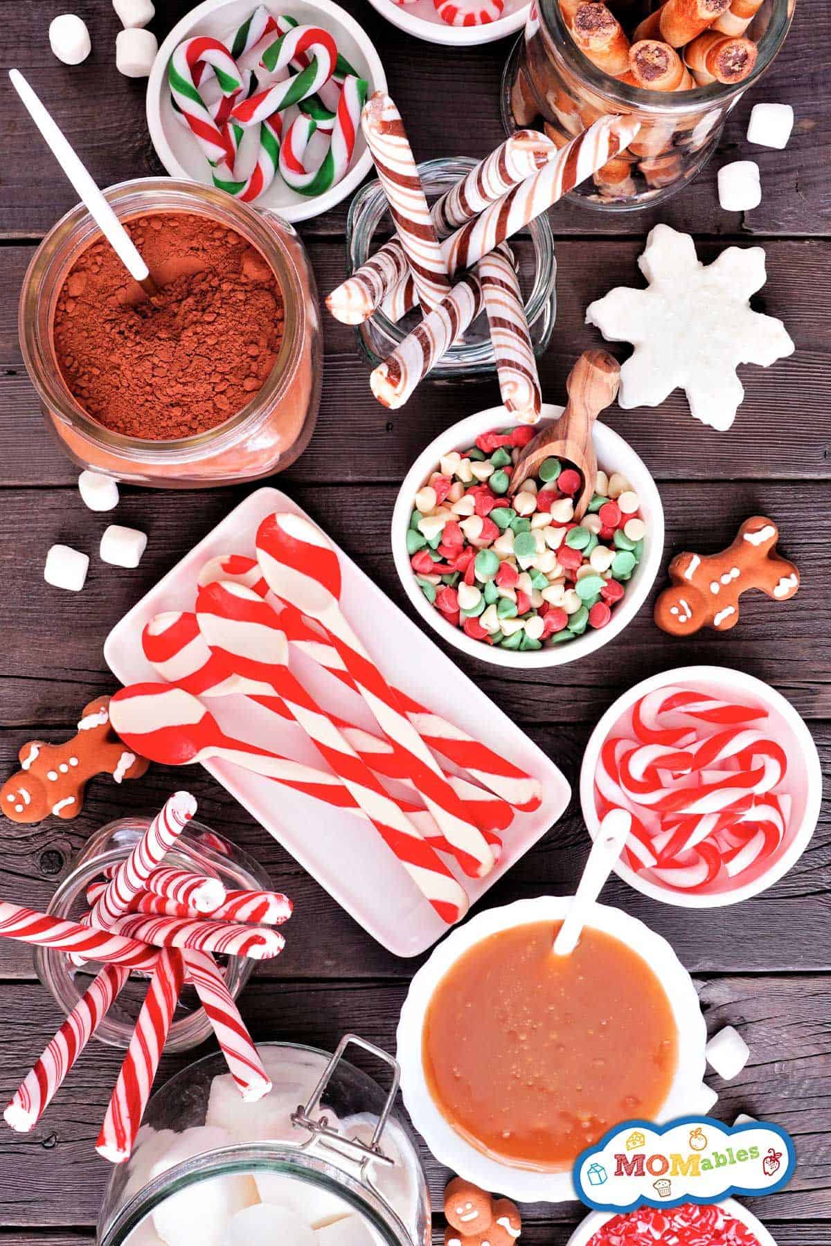 Hot Chocolate Bar with Whipped Cream and Toppings on a wooden table.