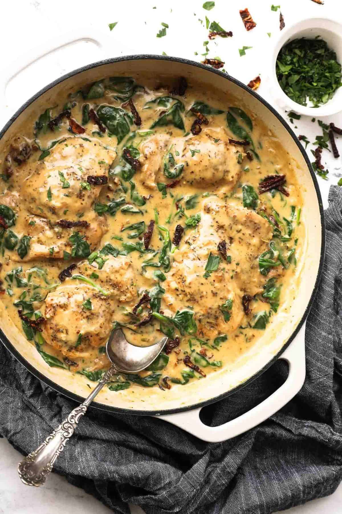 Delicious Creamy Tuscan Chicken in a pot.