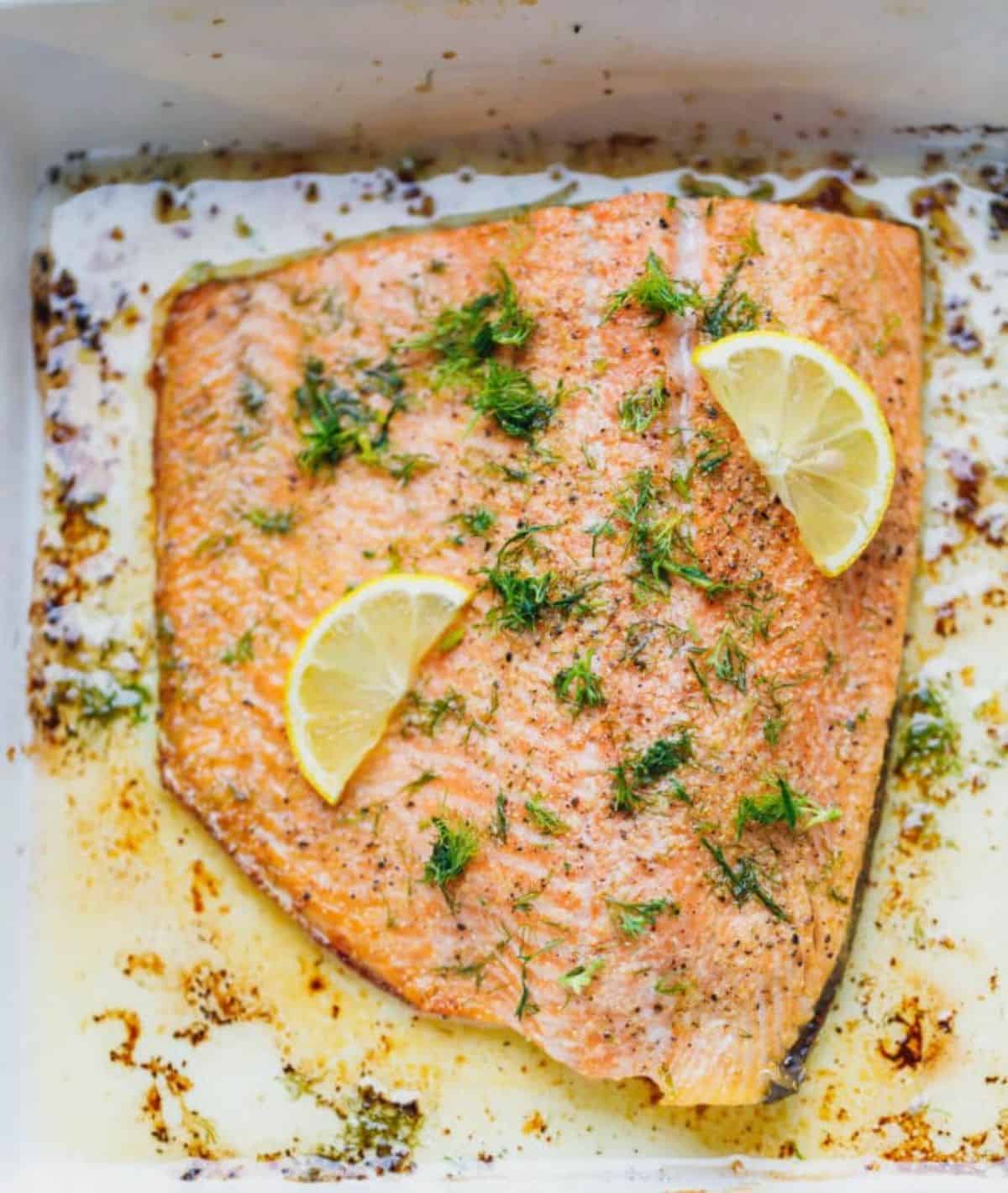 Lemon Dill Salmon in a casserole.