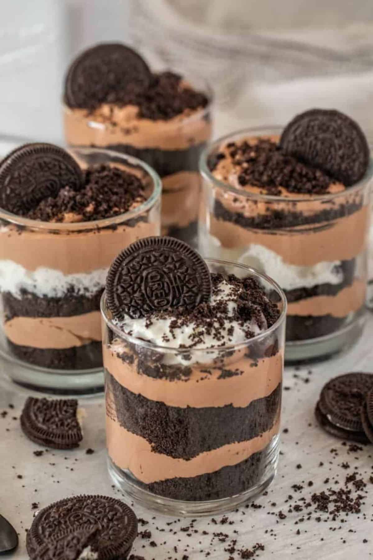 Chocolate Oreo Pudding in glass cups.