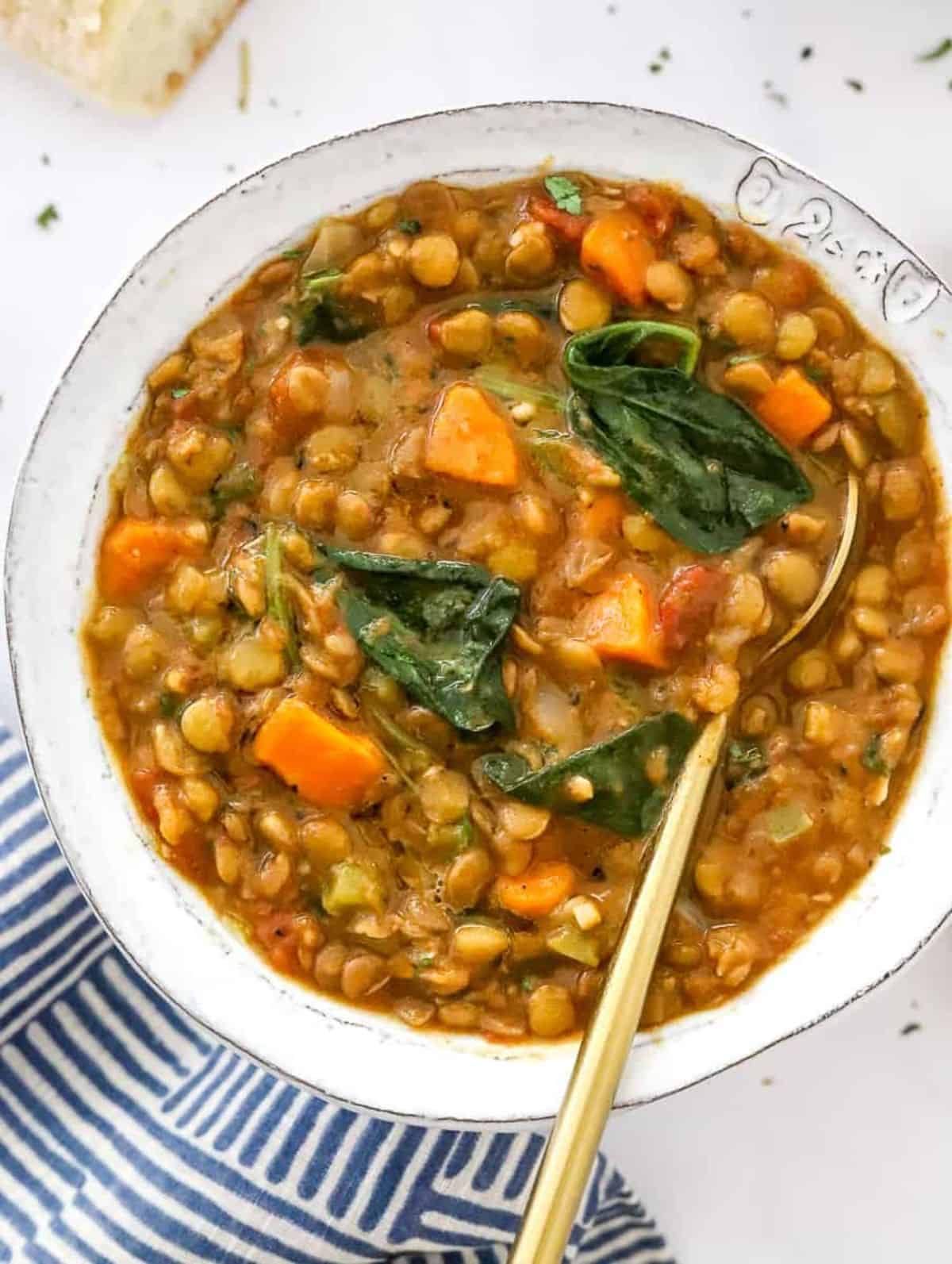 Instant Pot Lentil Soup on a white plate with a spoon.
