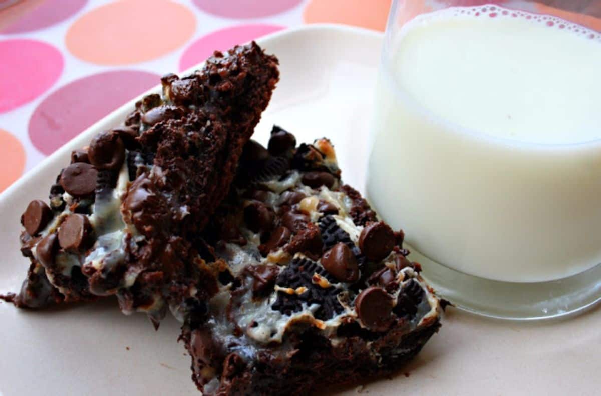 Double Chocolate Cake Bars with a glass of milk on a white tray.