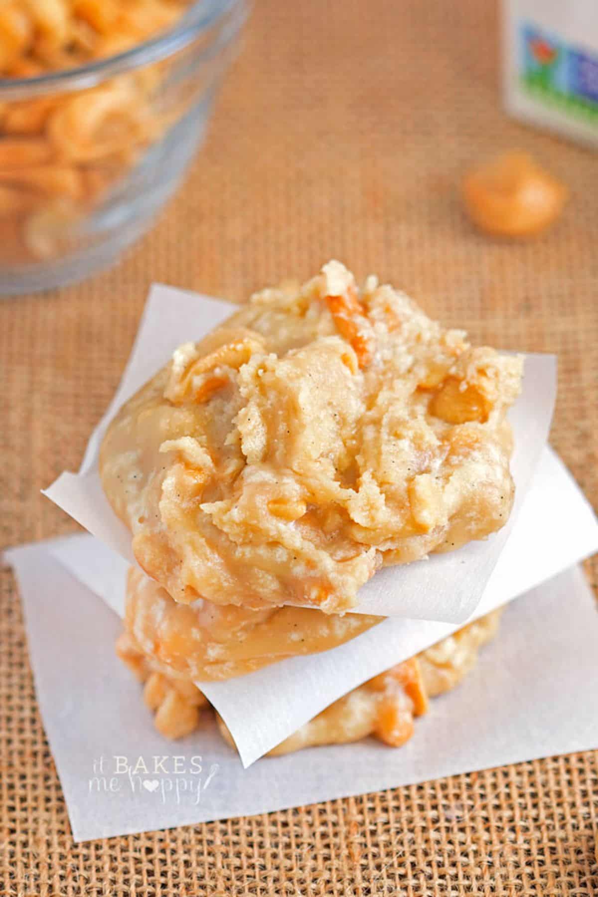 A pile of Cashew Pralines on a paper napkin.