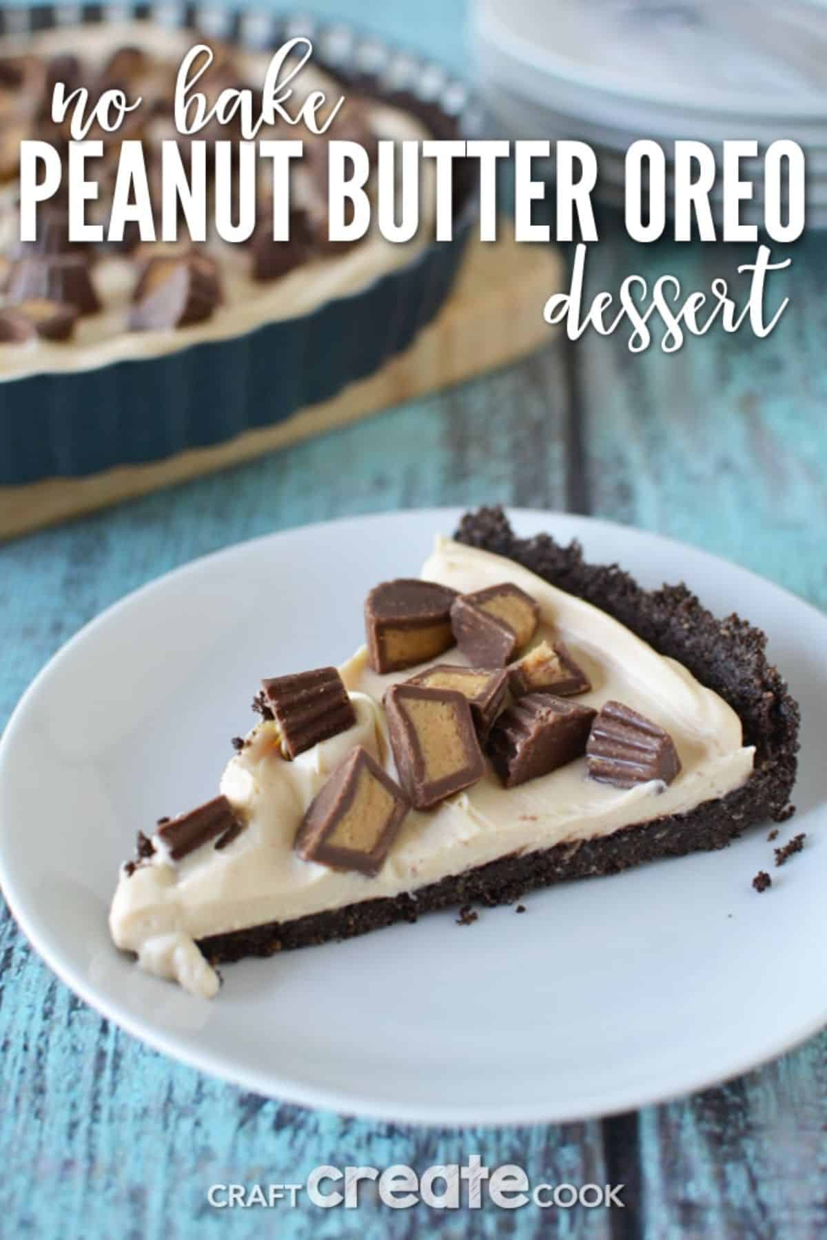 No-Bake peanut butter oreo dessert on a white plate.